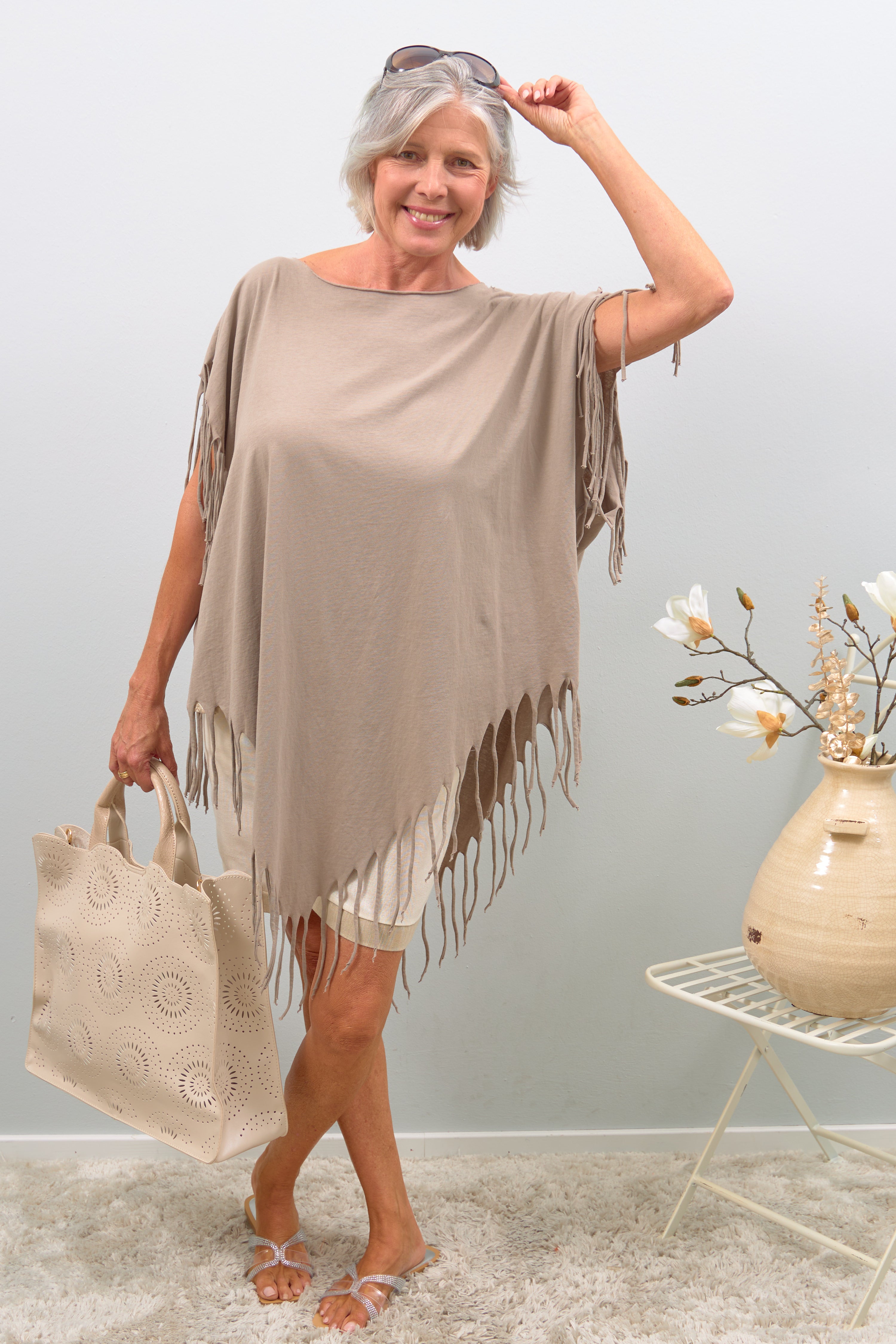 Oversized shirt with fringes and back detail, taupe