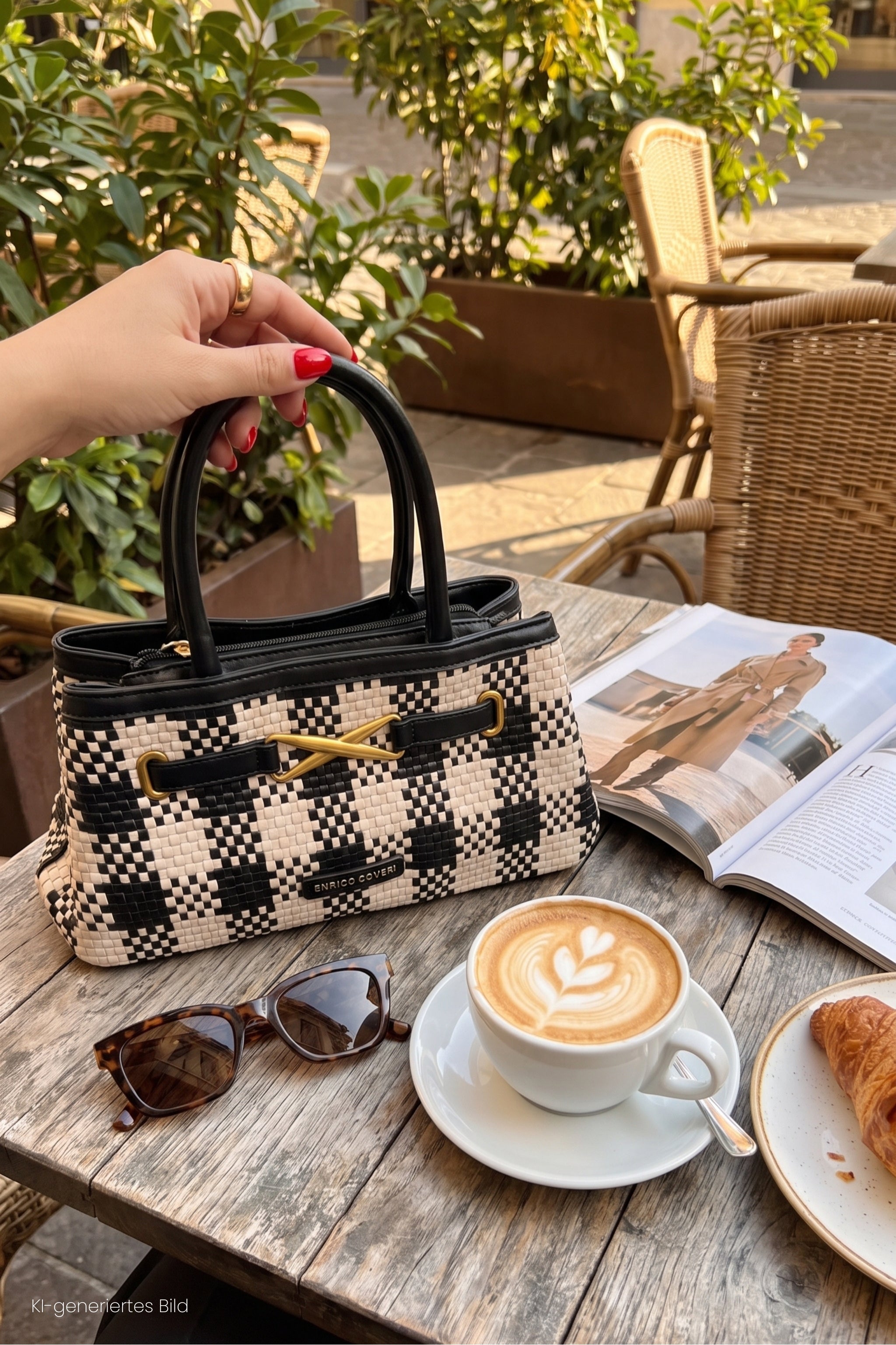 Flecht-Tasche im im Retro-Style, schwarz-creme