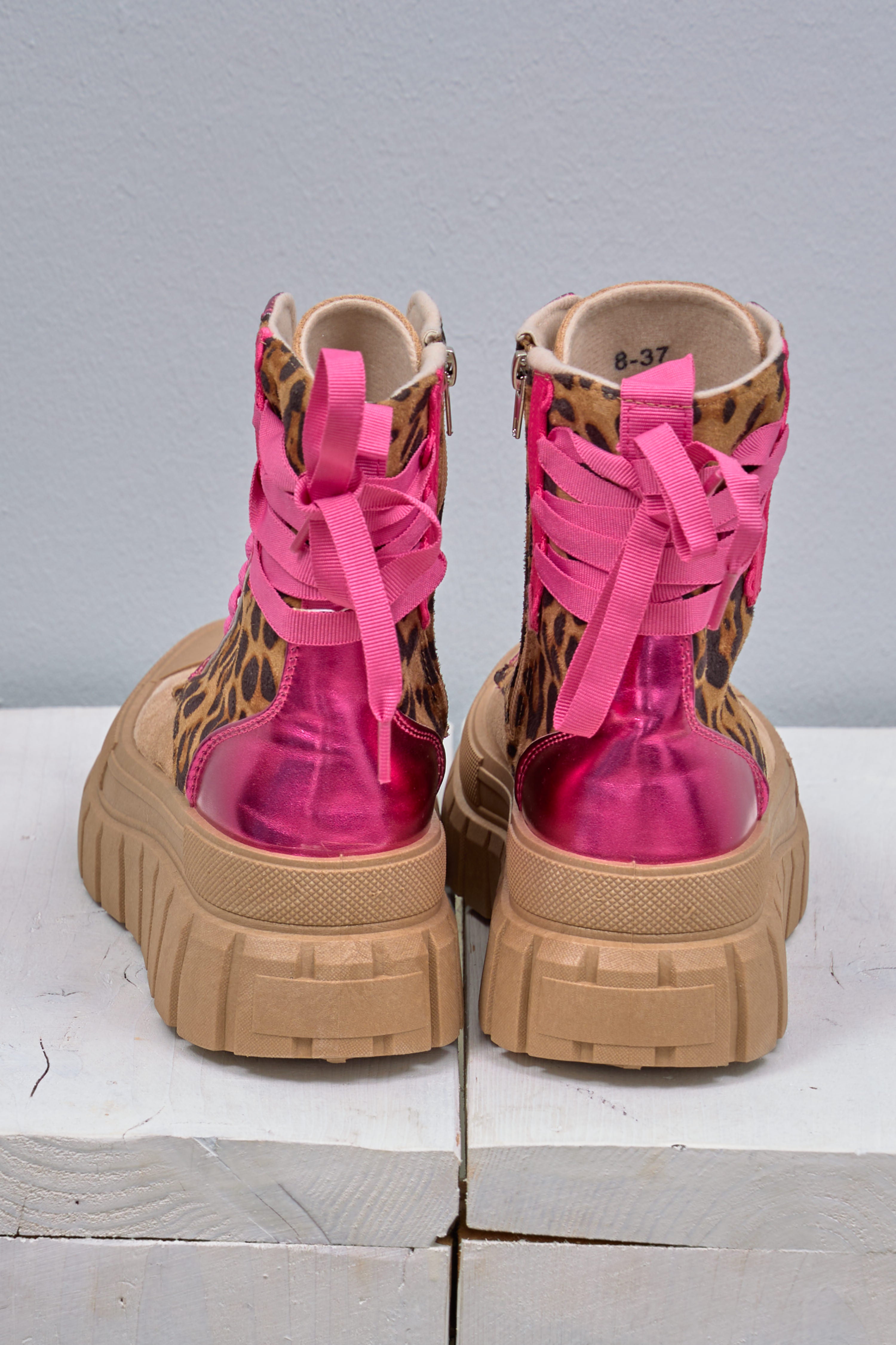Boots, dunkelbeige-pink-leo