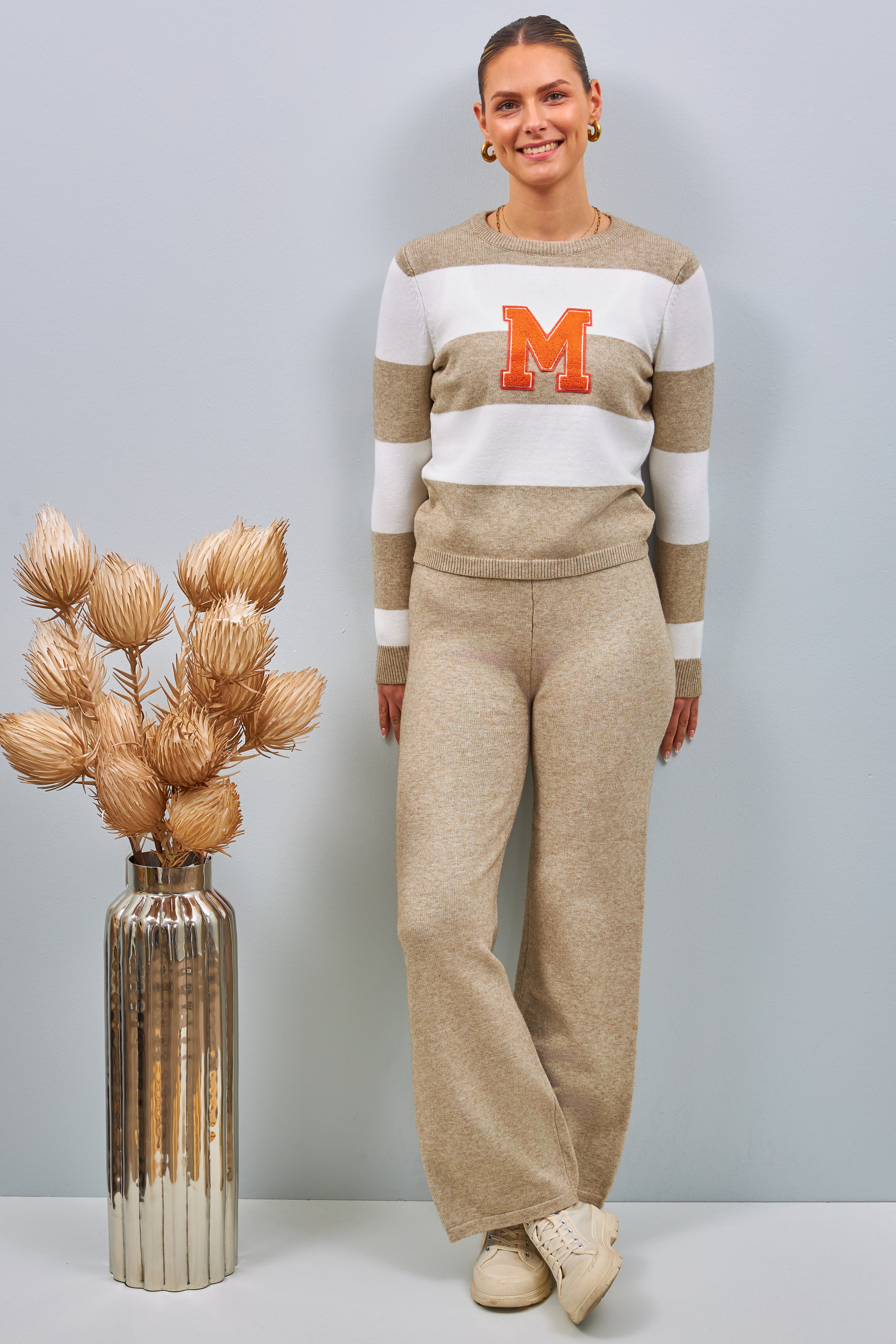 2-piece knit sweater & pants, striped, beige-ecru