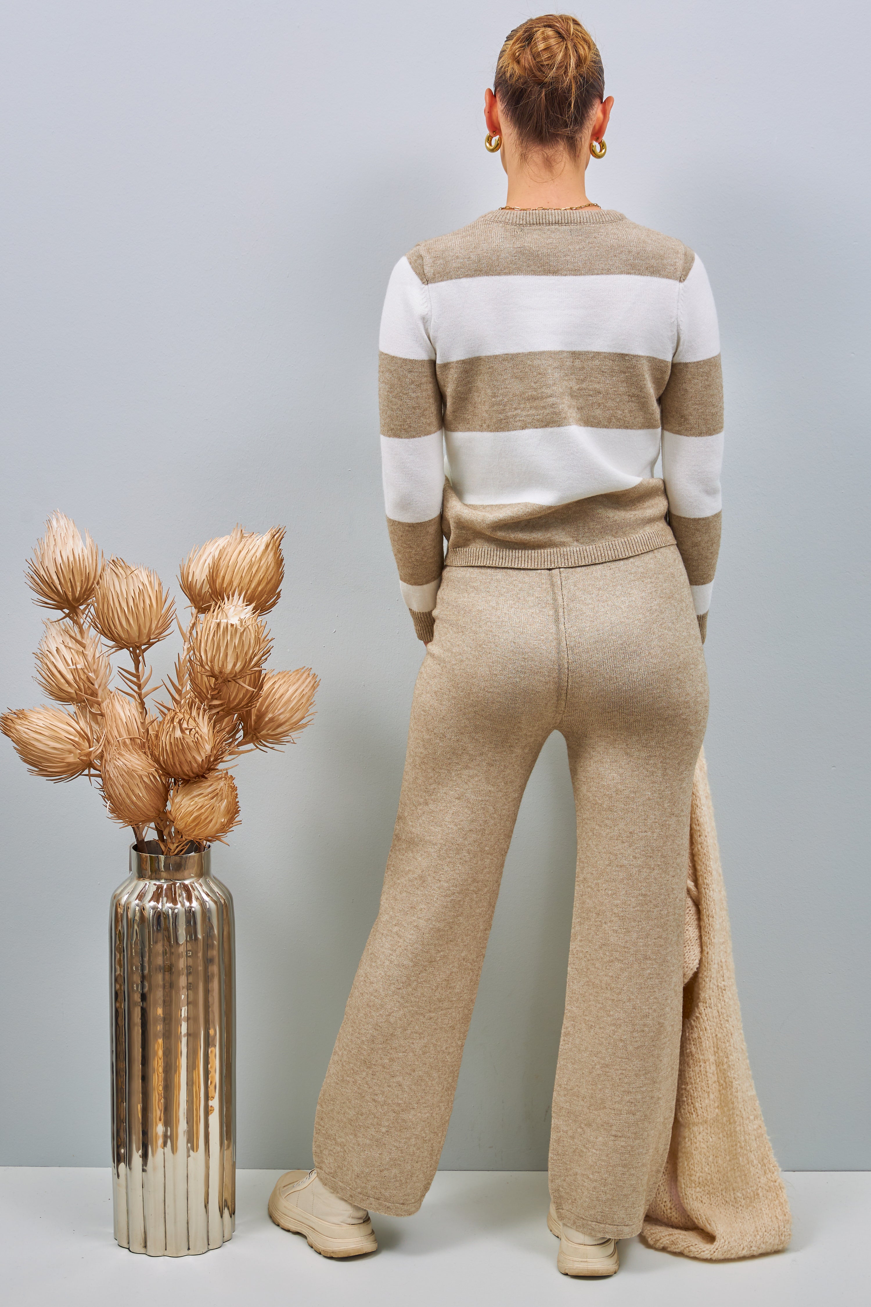 2-piece knit sweater & pants, striped, beige-ecru