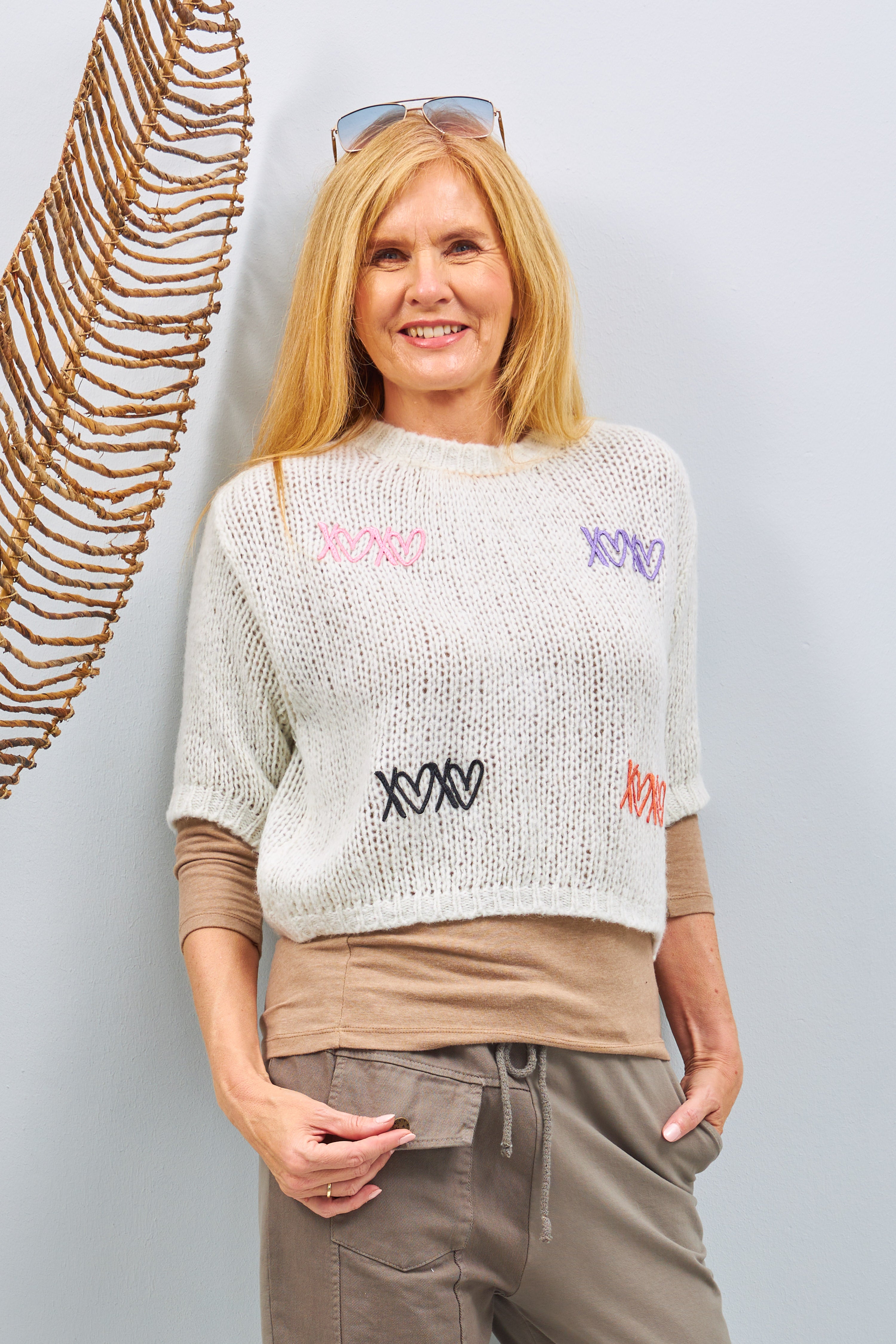 Knit sweater with embroidered hearts, ecru