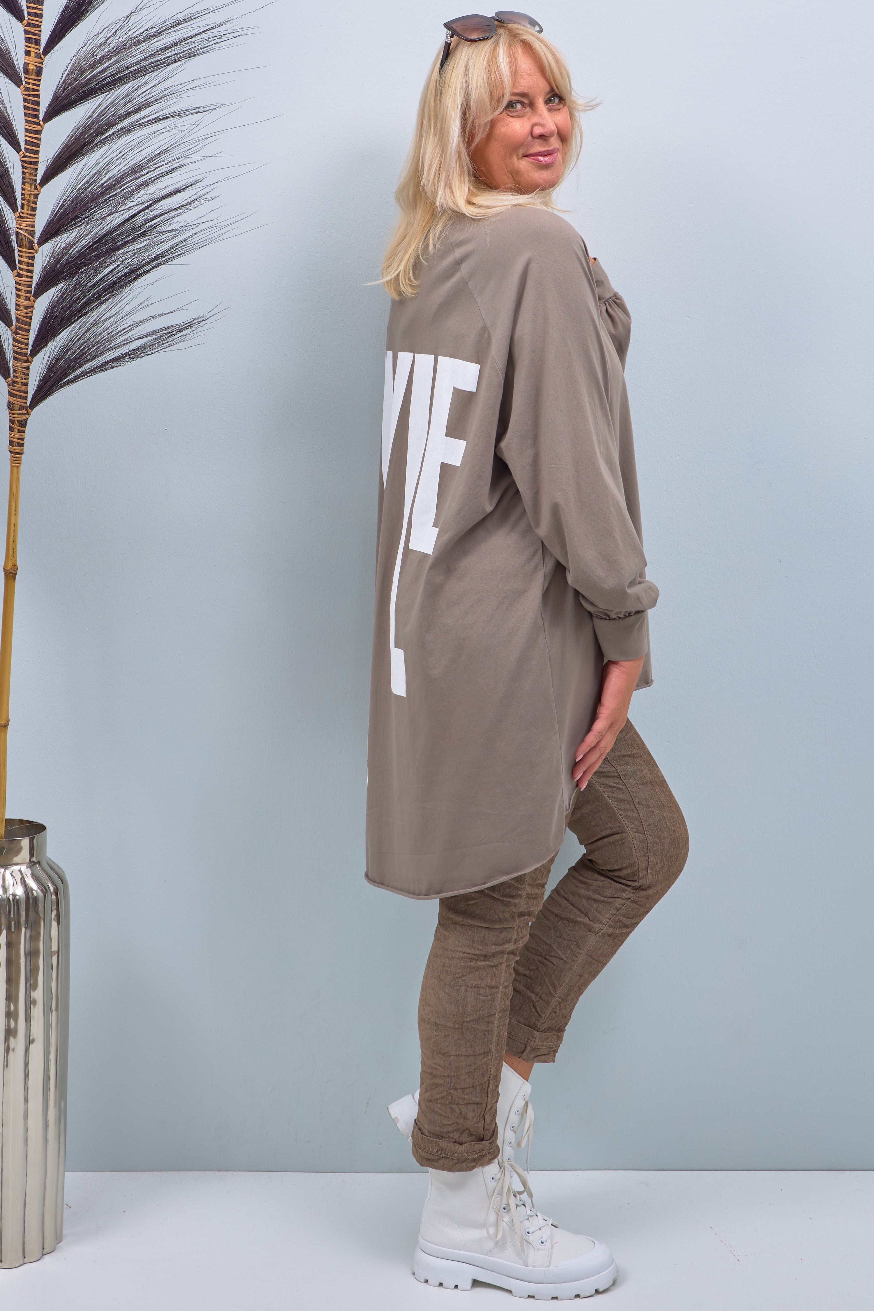 Oversized long shirt with "Style" print, taupe