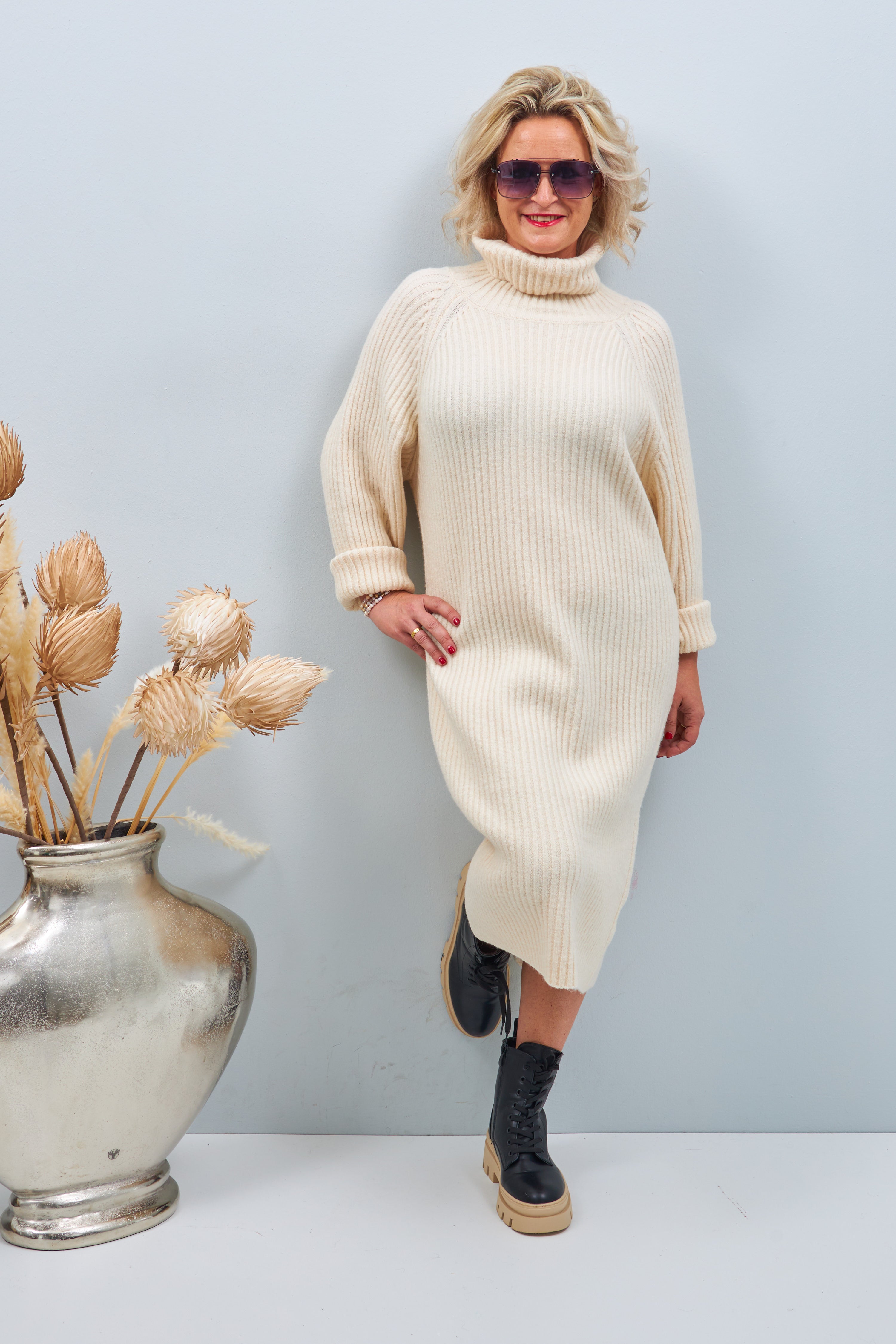 Knitted dress with ribbed structure and turtleneck, beige