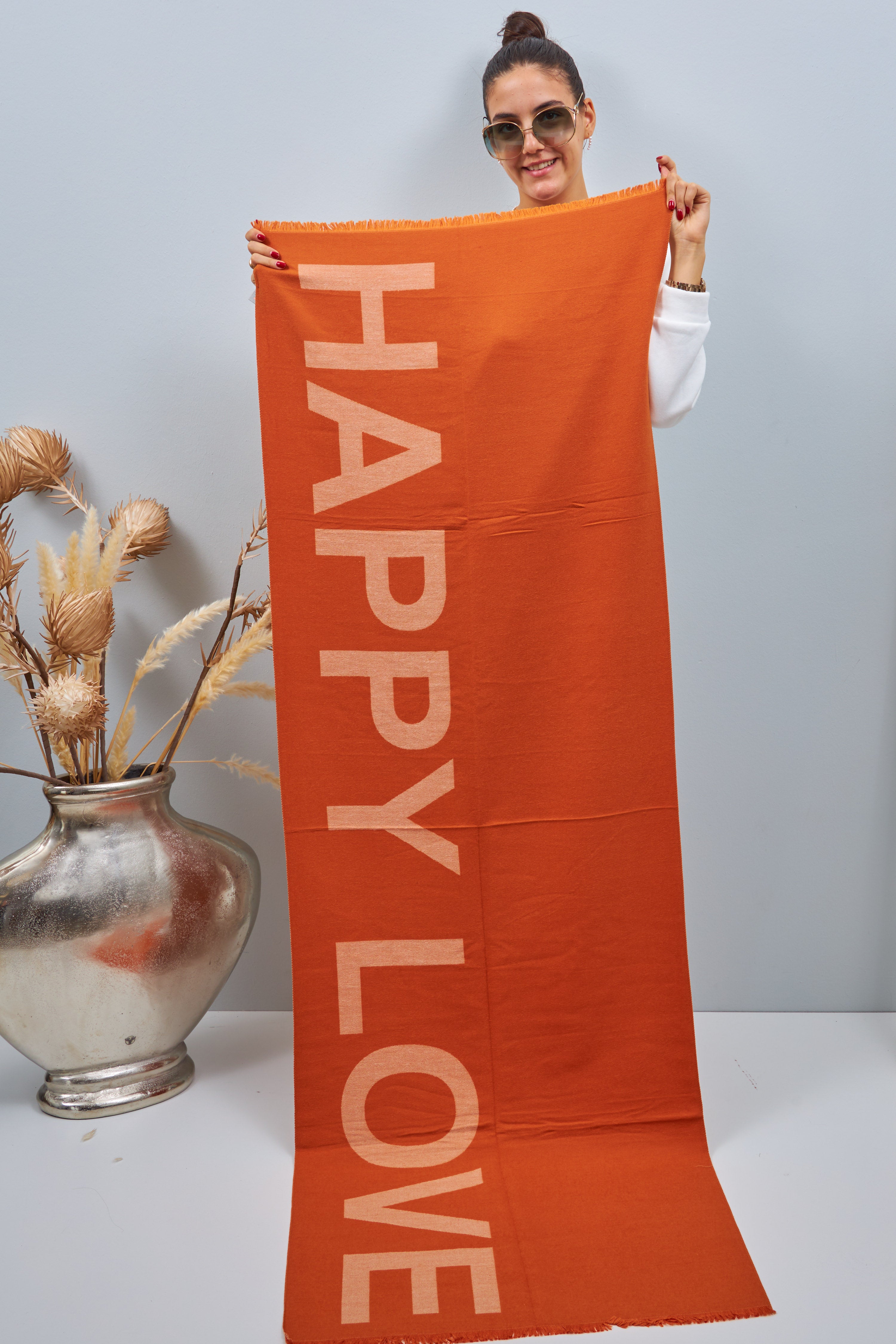 Scarf with Happy lettering, rust-orange