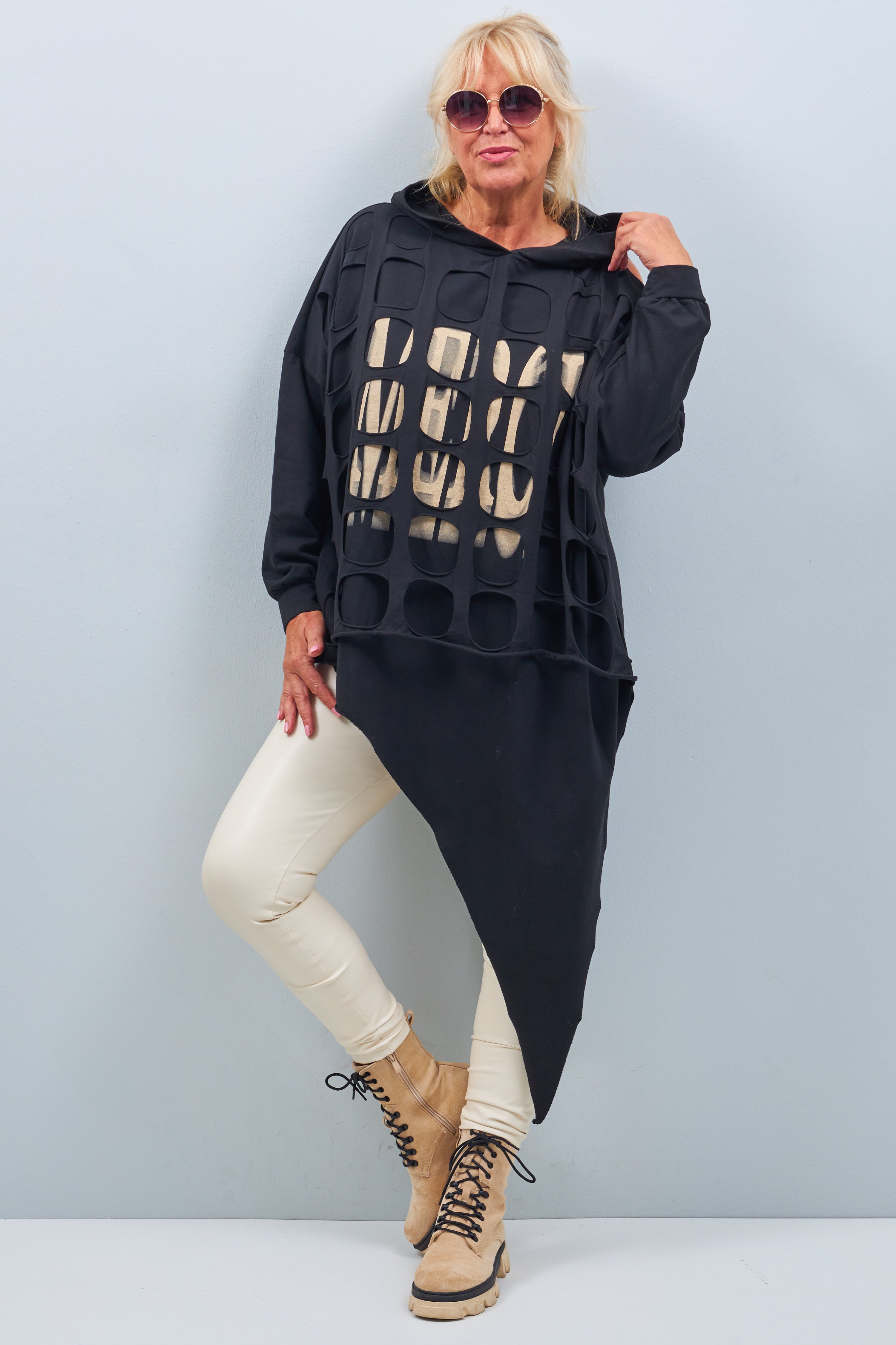 Oversized hoodie with print and cut outs, black