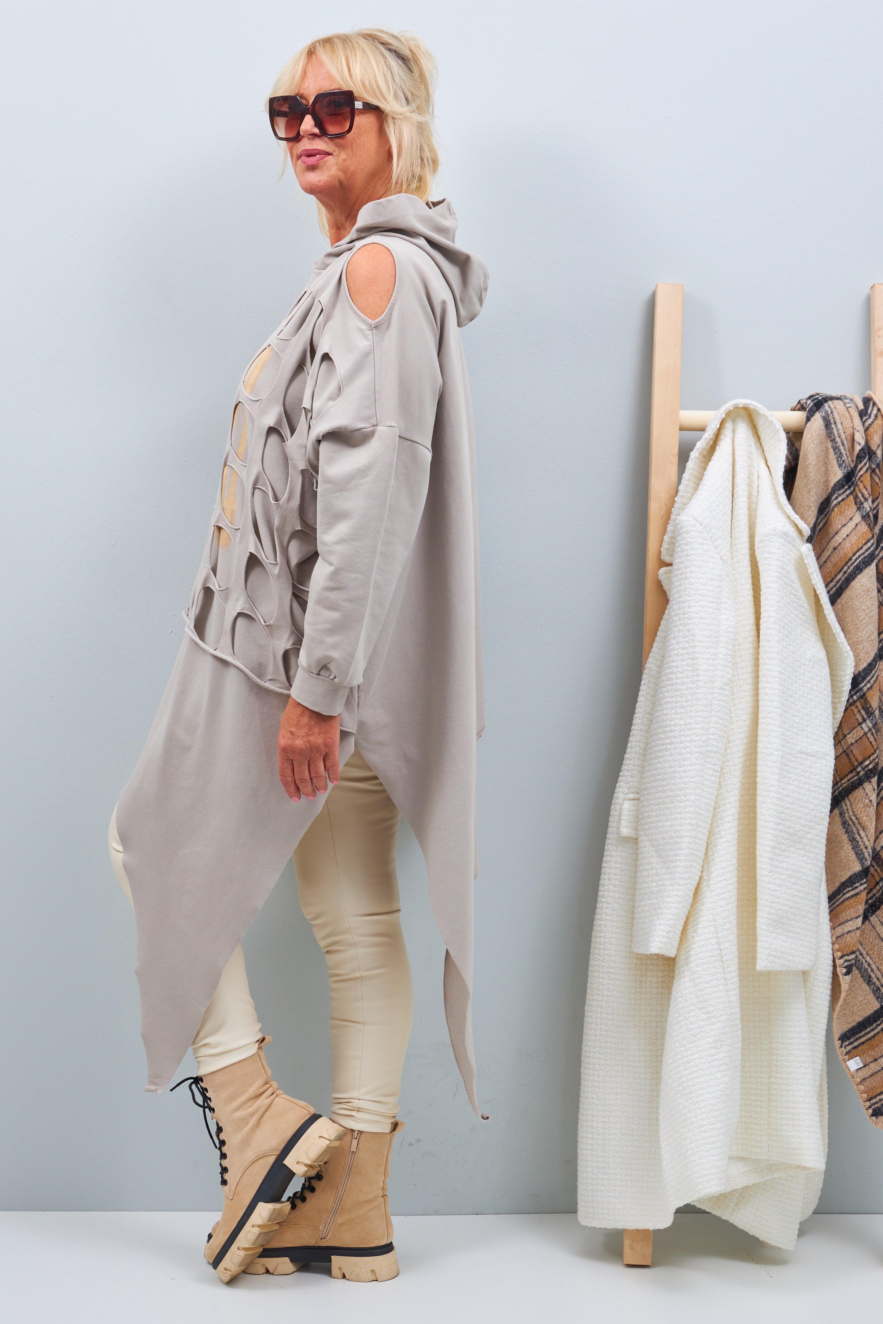 Oversized hoodie with print and cut outs, beige