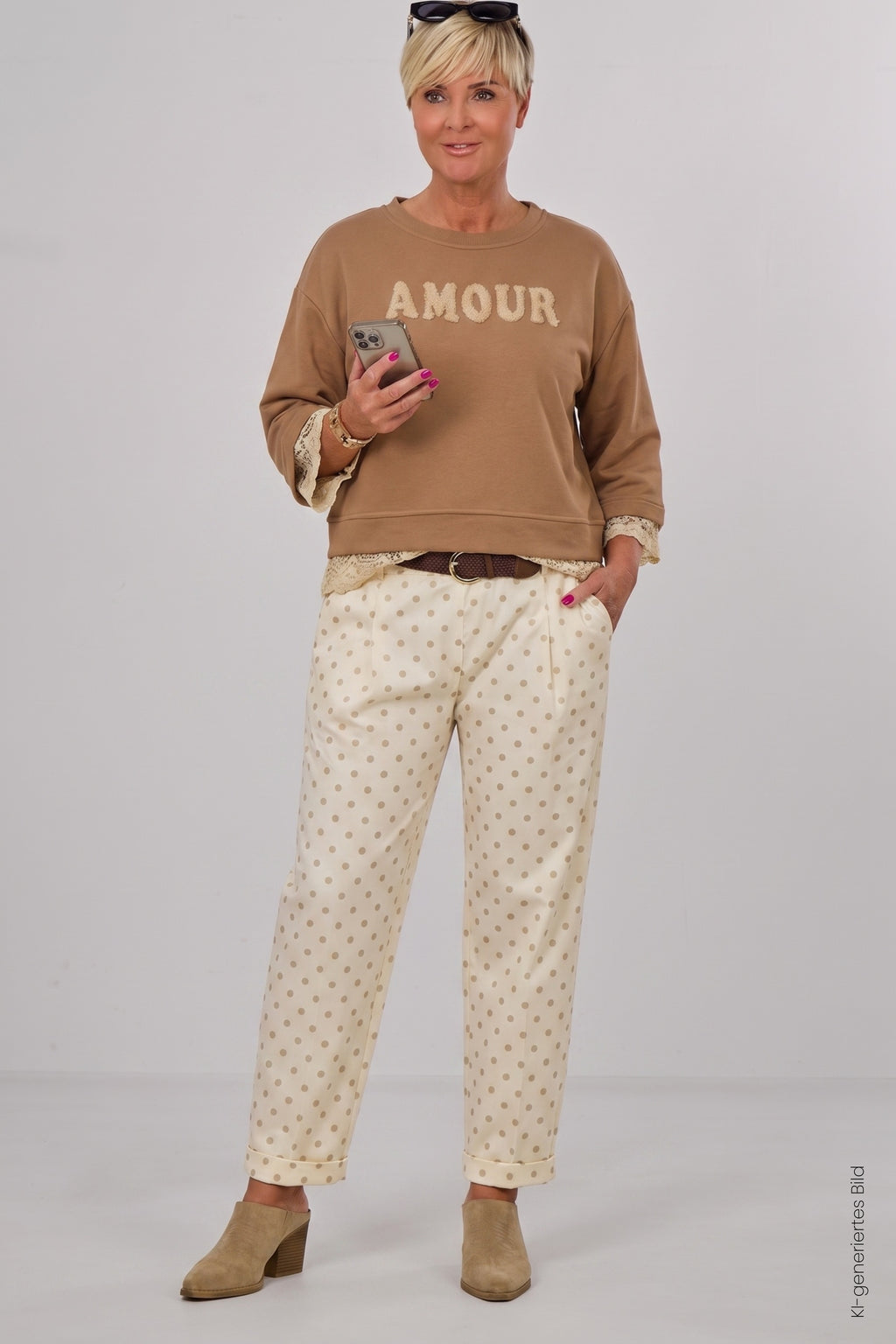 Gepunktete Hose mit Gürtel, hellbeige-taupe