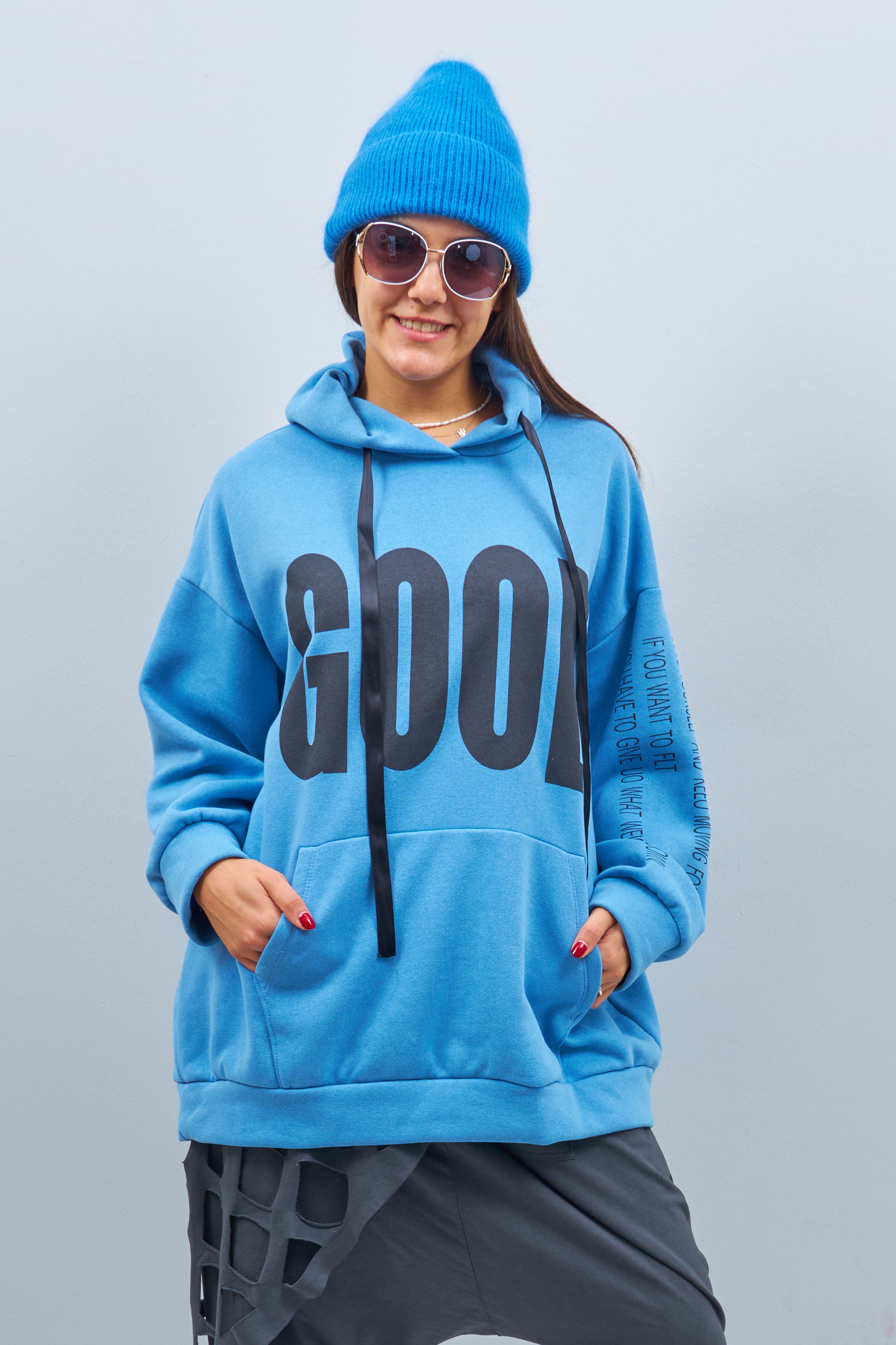 Oversized hoodie with GOOD lettering, blue