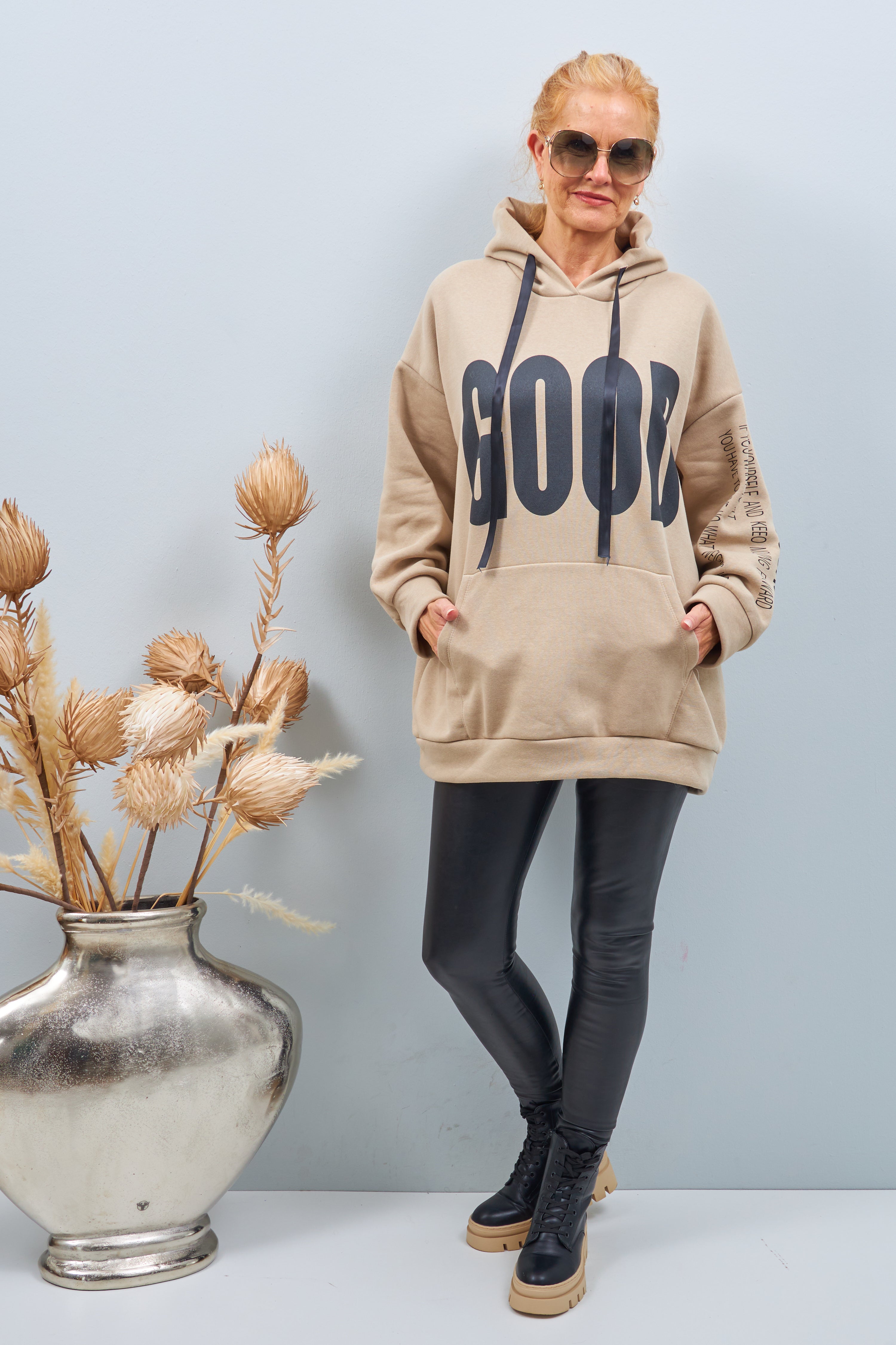 Oversized hoodie with GOOD lettering, beige