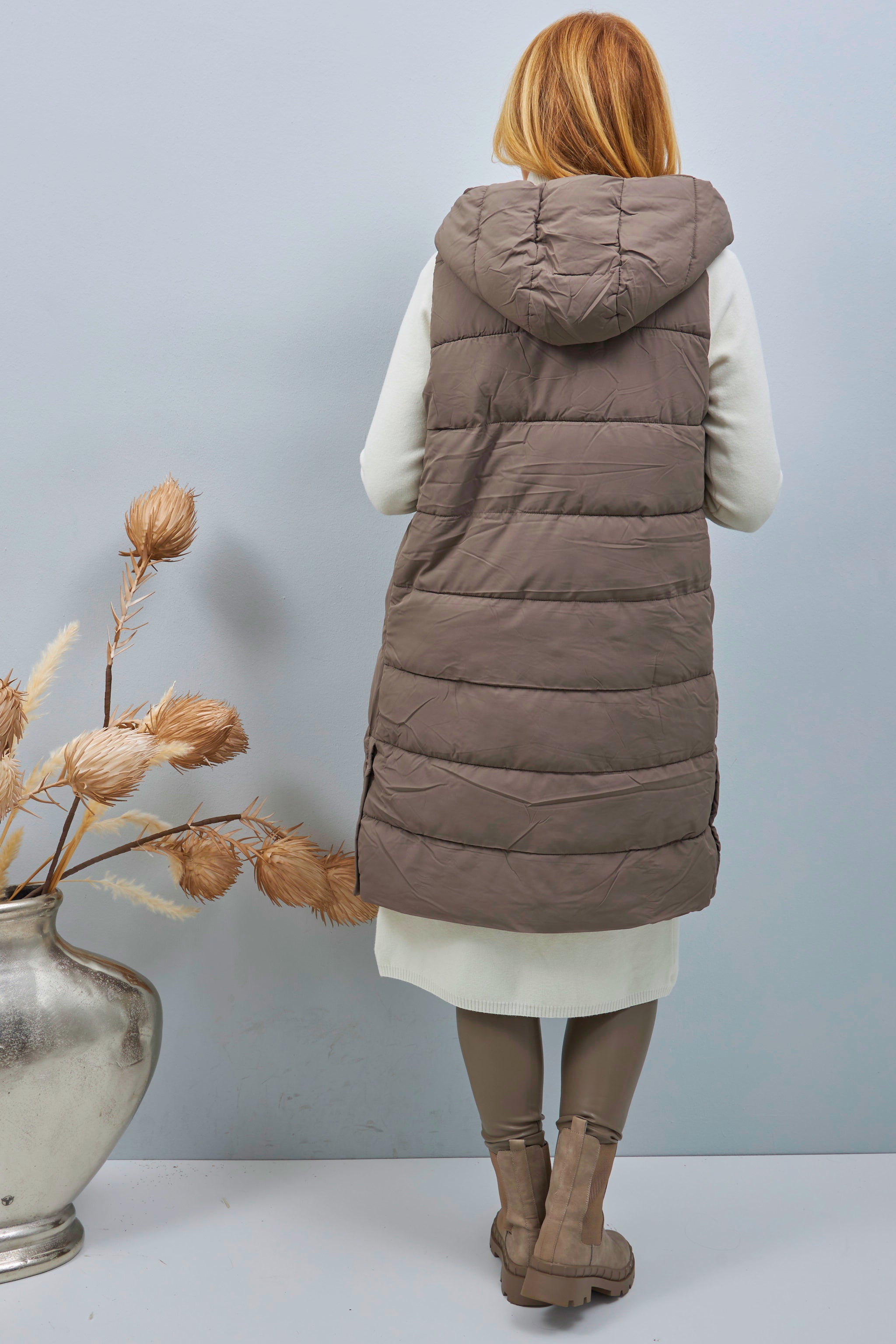 Long quilted vest, taupe