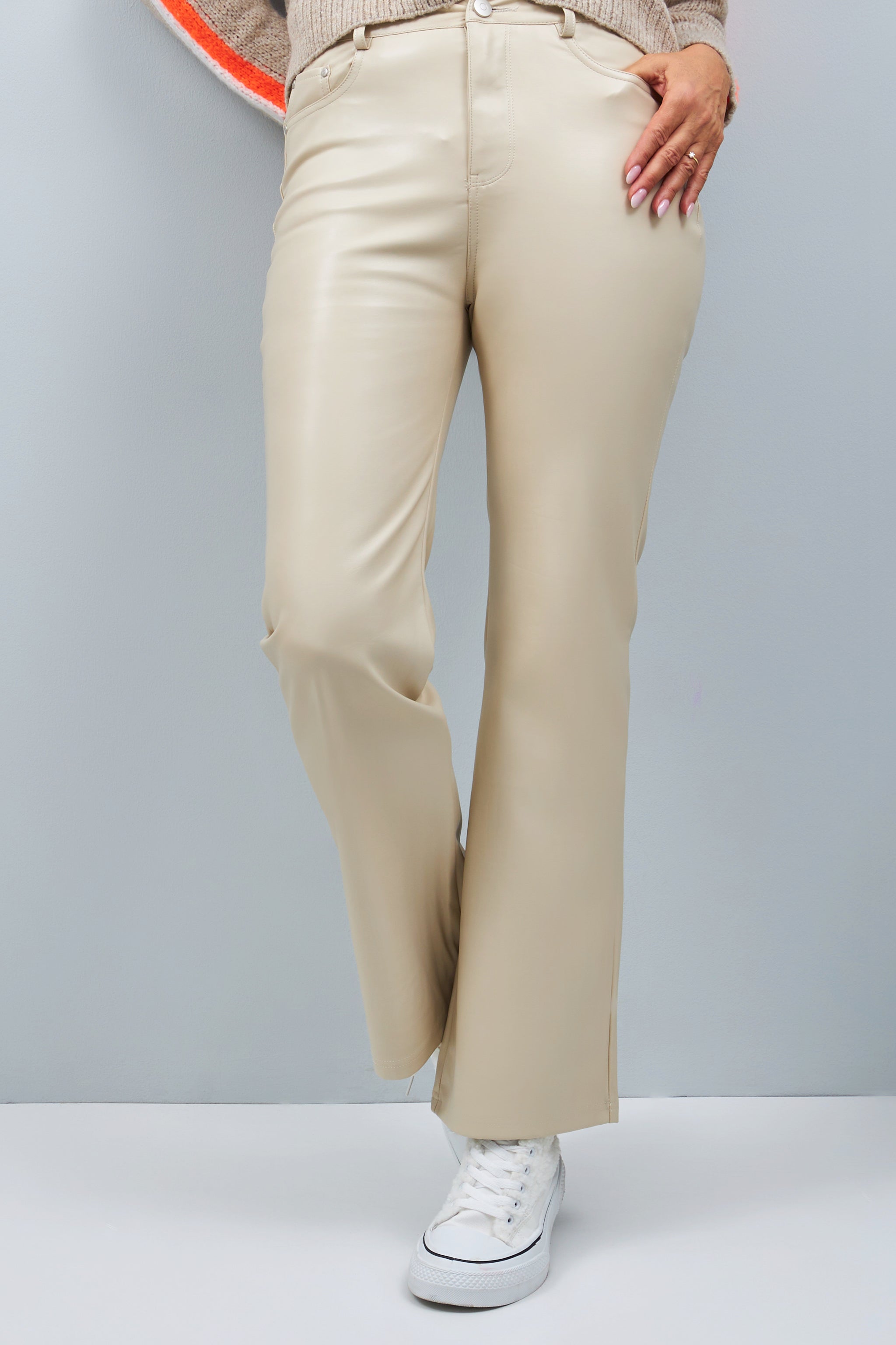 Faux leather pants in 5-pocket style, beige