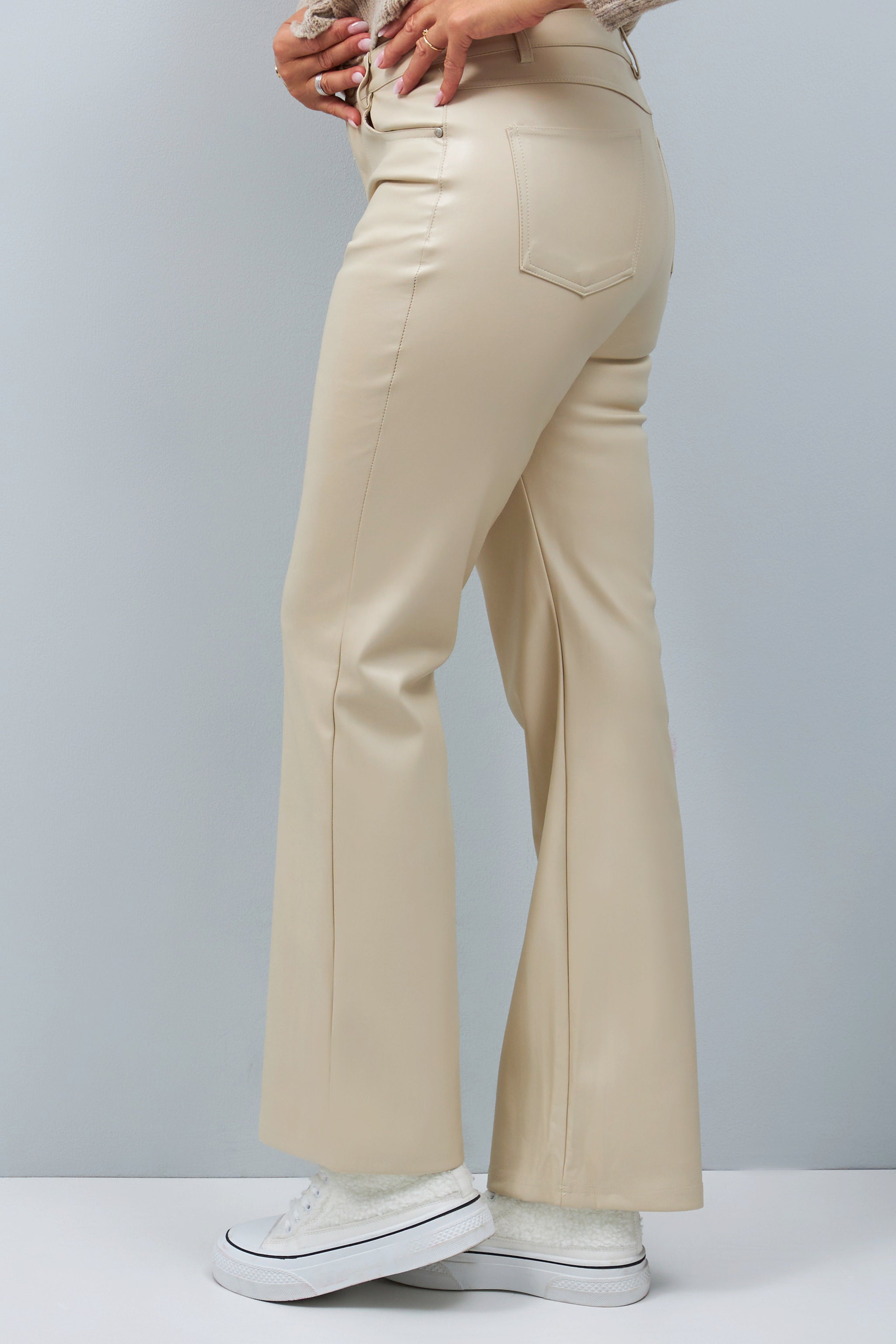 Faux leather pants in 5-pocket style, beige