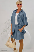 2-tlg. Set aus Bluse und Shorts, taubenblau