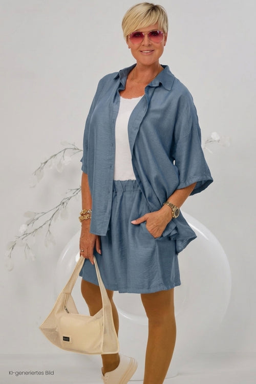 2-tlg. Set aus Bluse und Shorts, taubenblau