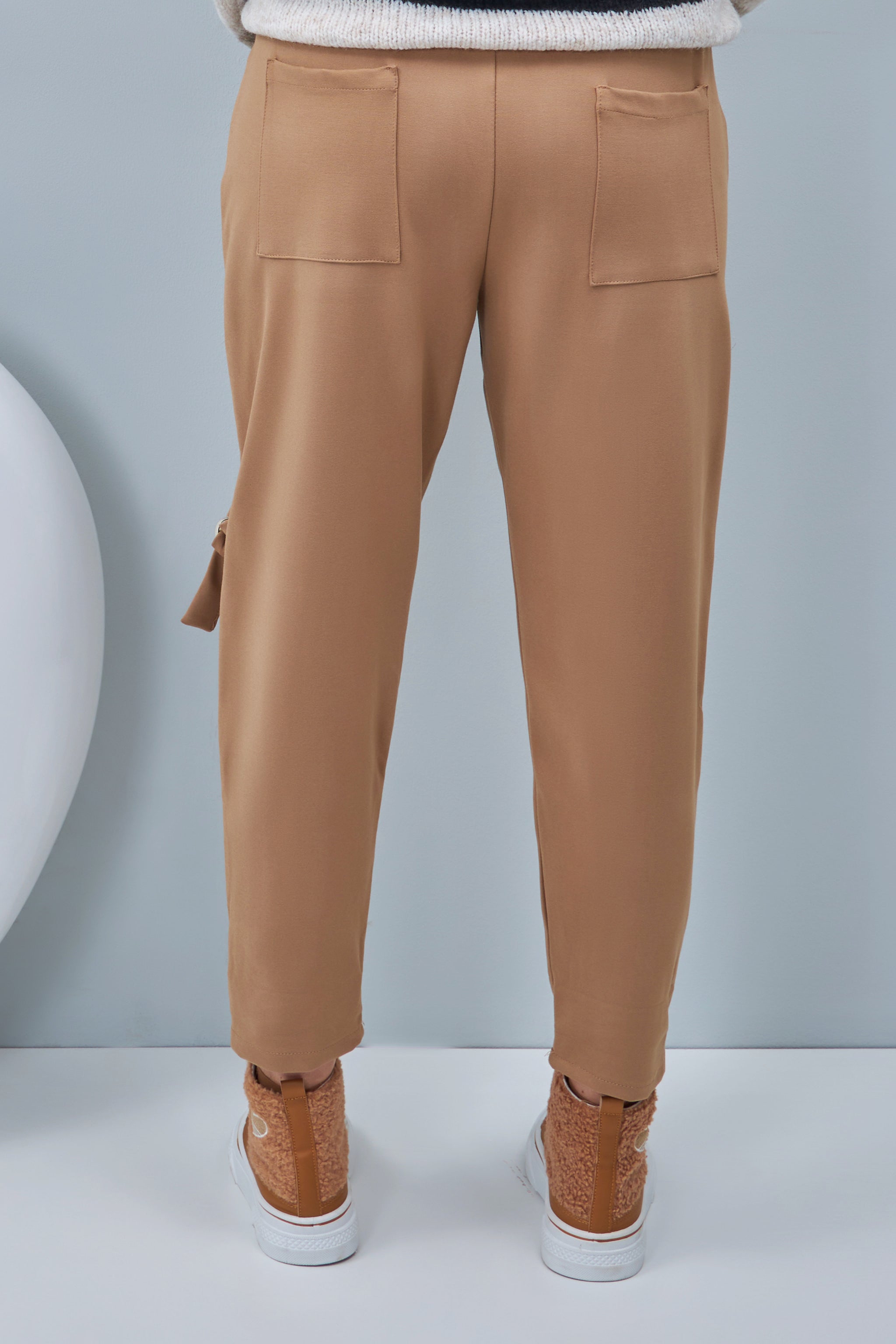 Baggy pants with decorative ribbon on the side, camel