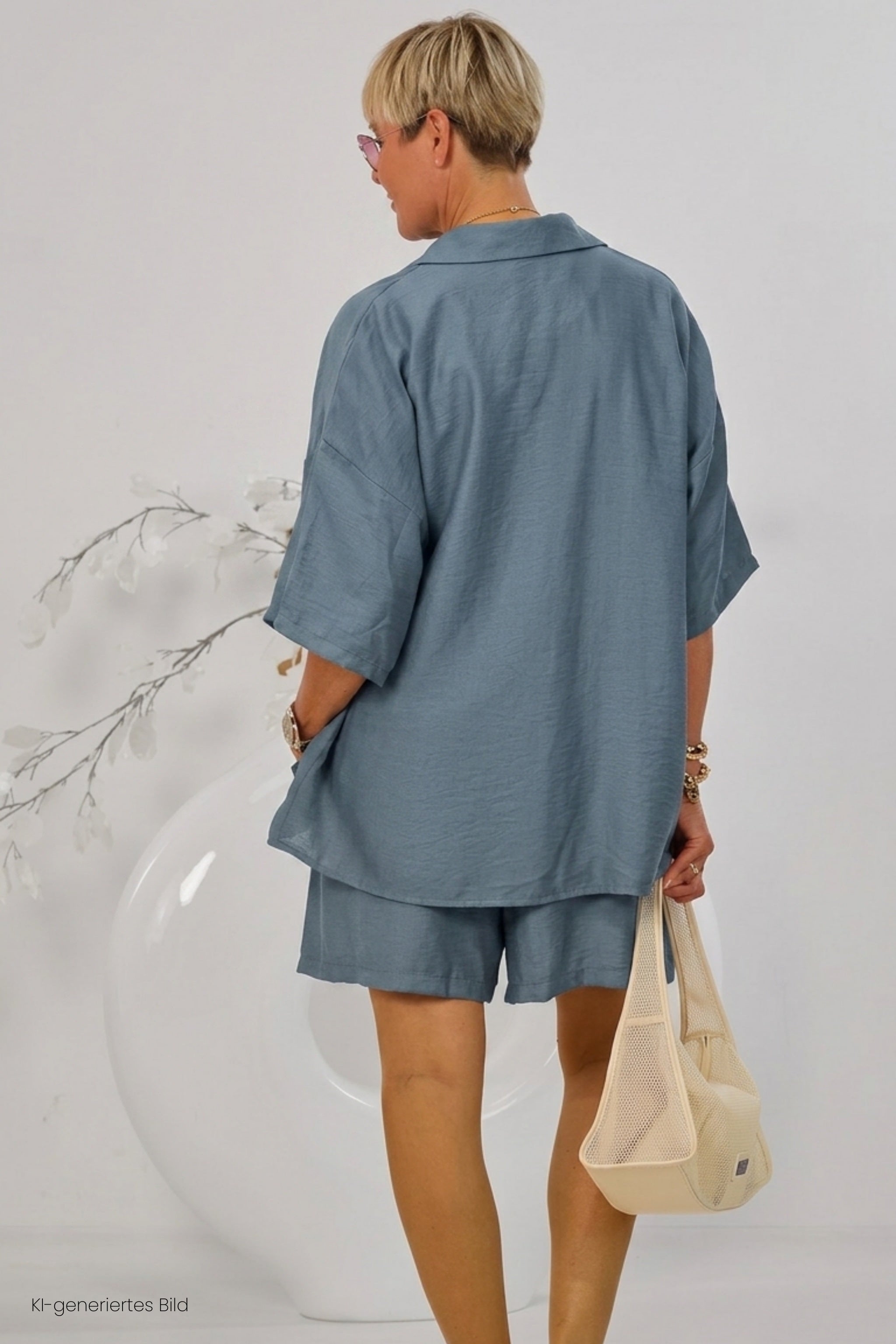 2-tlg. Set aus Bluse und Shorts, taubenblau
