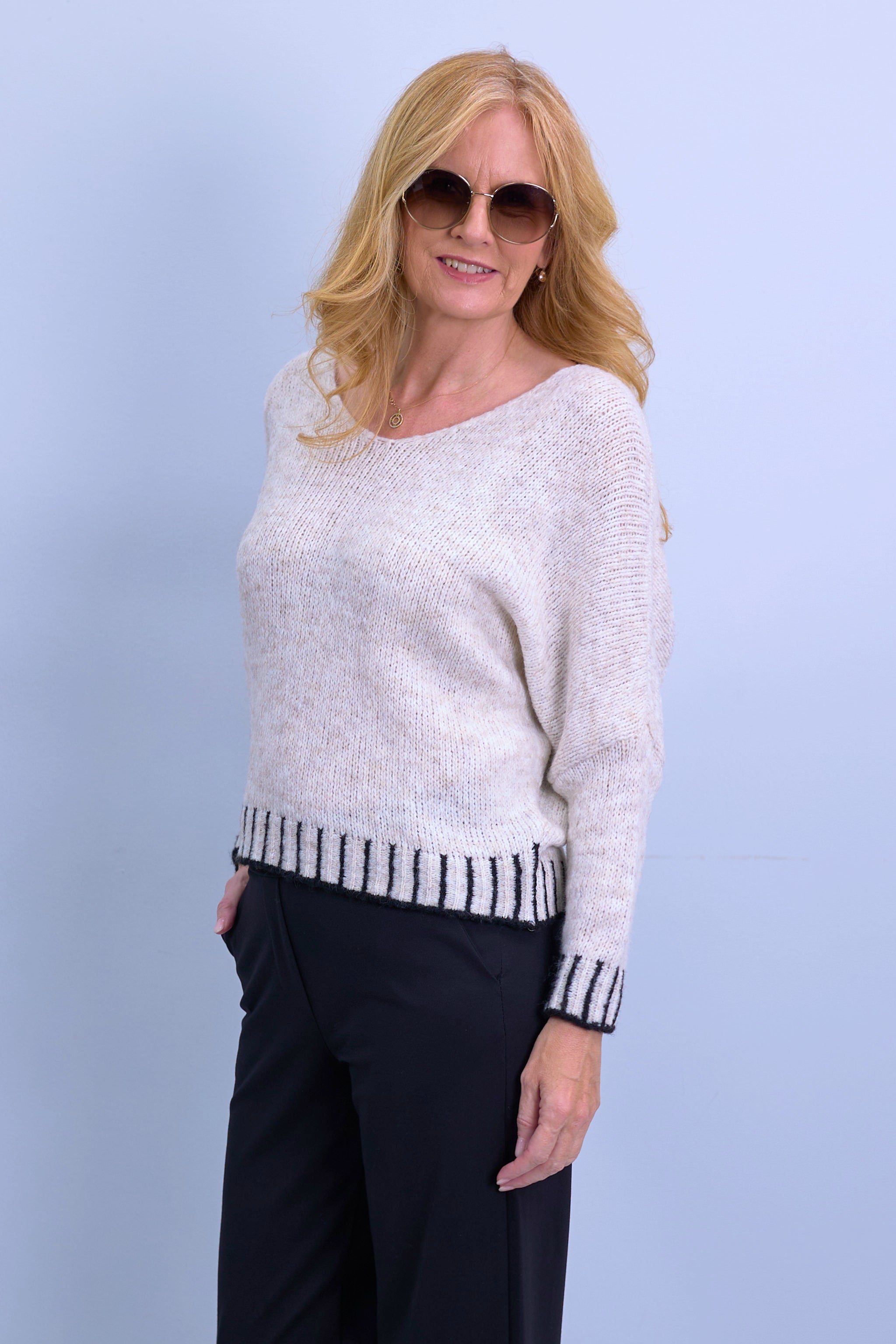 Knitted sweater with striped cuffs, beige-taupe