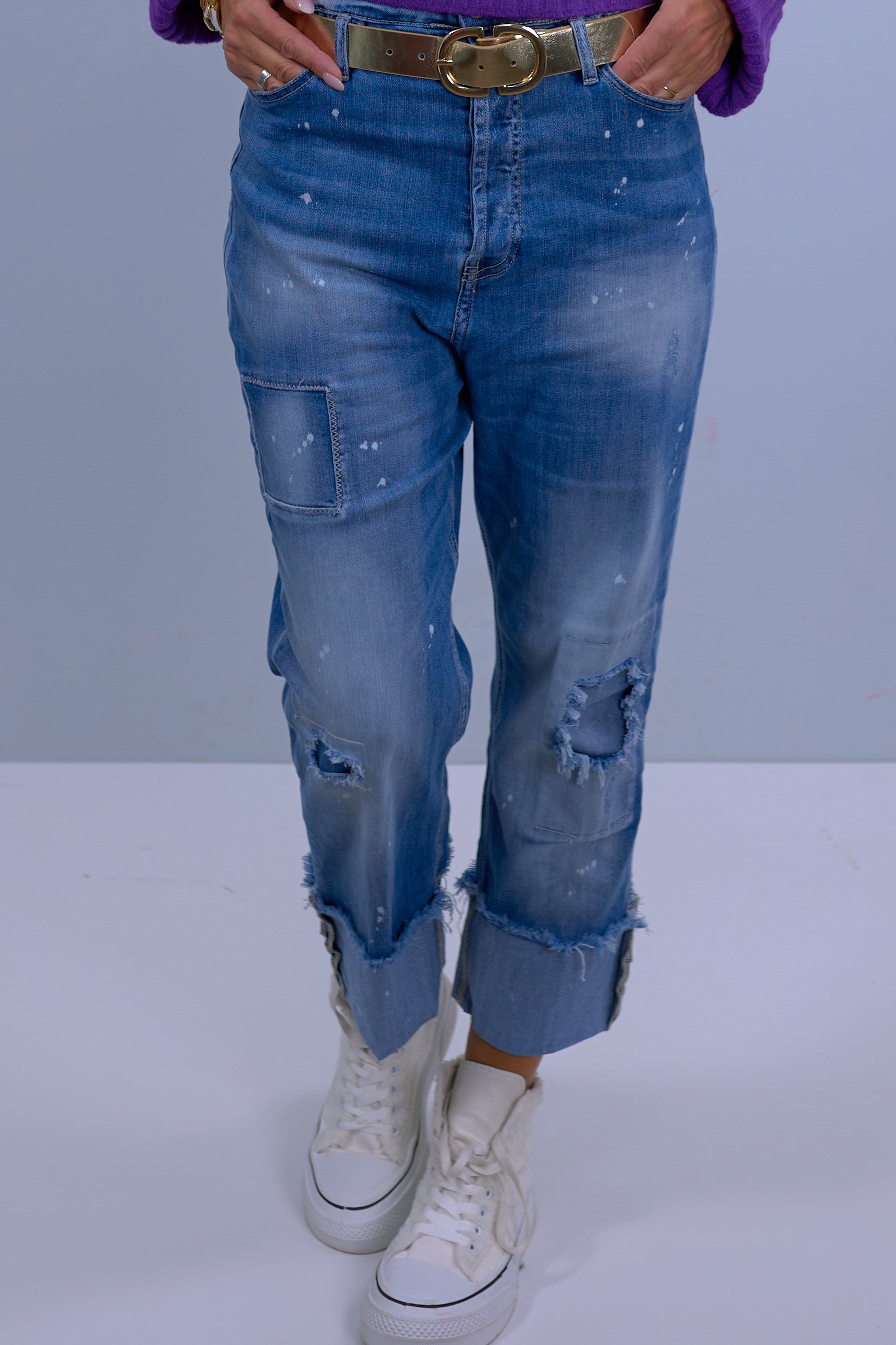 High waist jeans with wide cuffs, denim blue