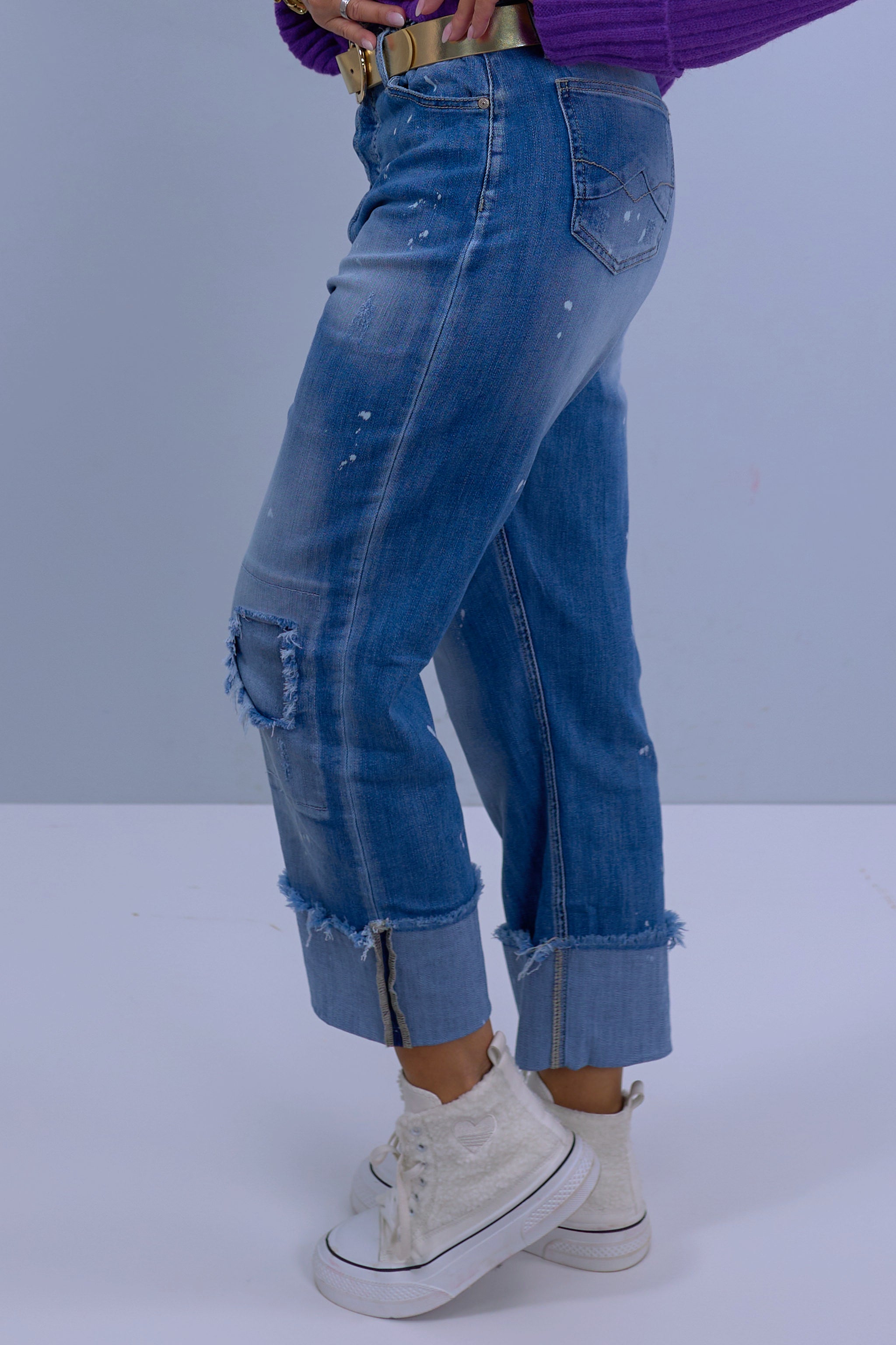 High Waist Jeans mit breitem Aufschlag, denim-blue