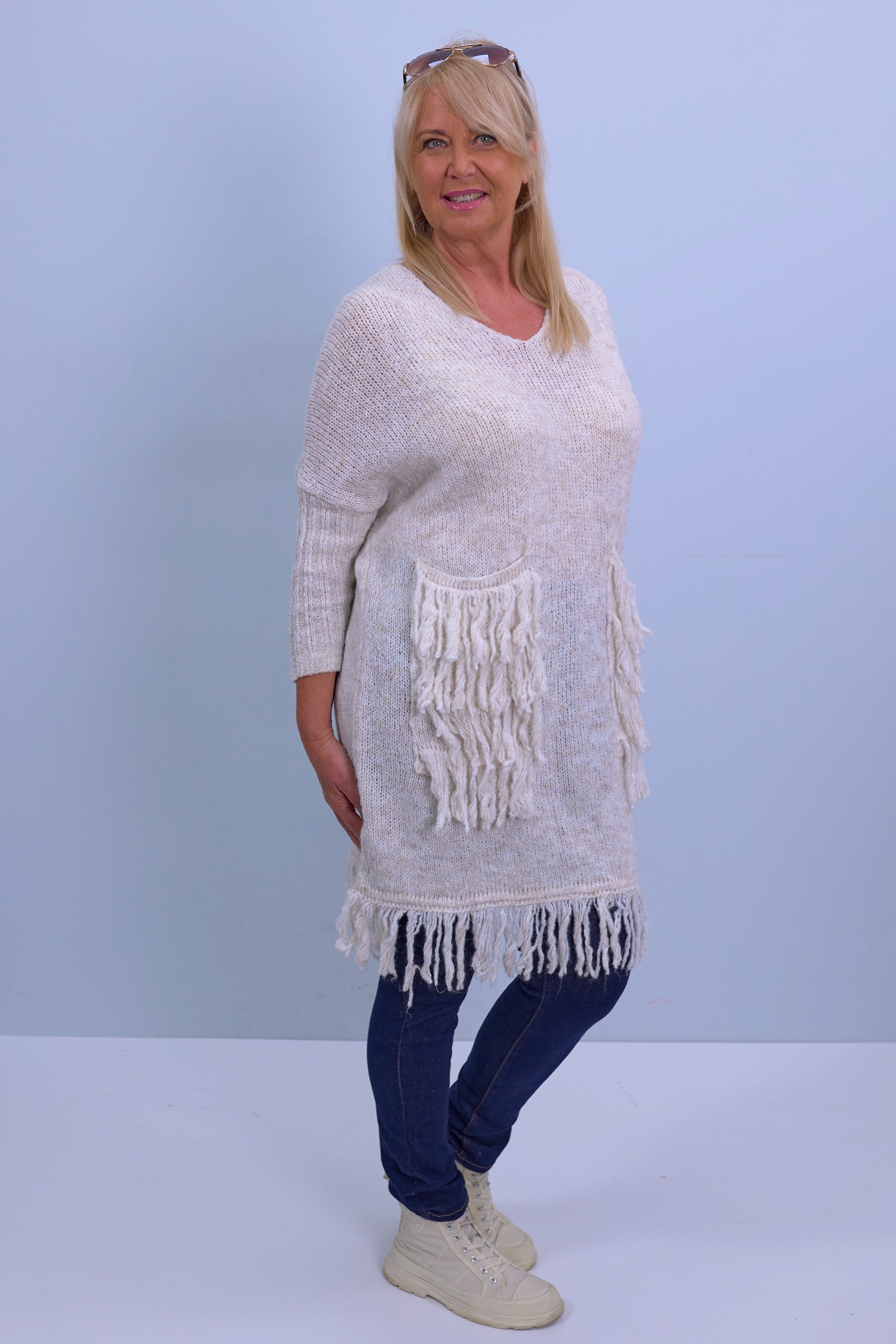 Knitted dress with fringes, beige