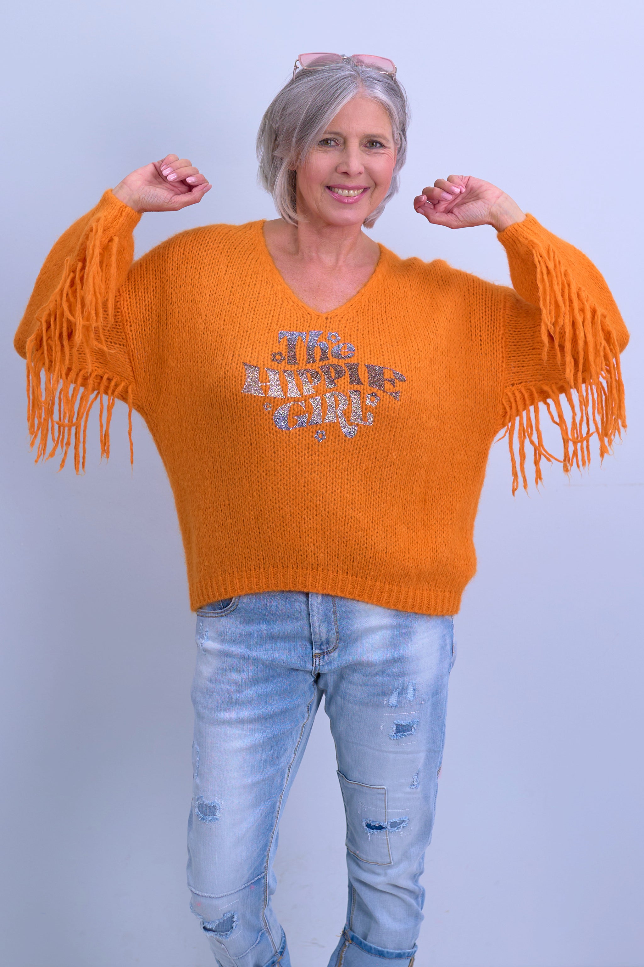 Knitted sweater with V-neck and silver print, orange