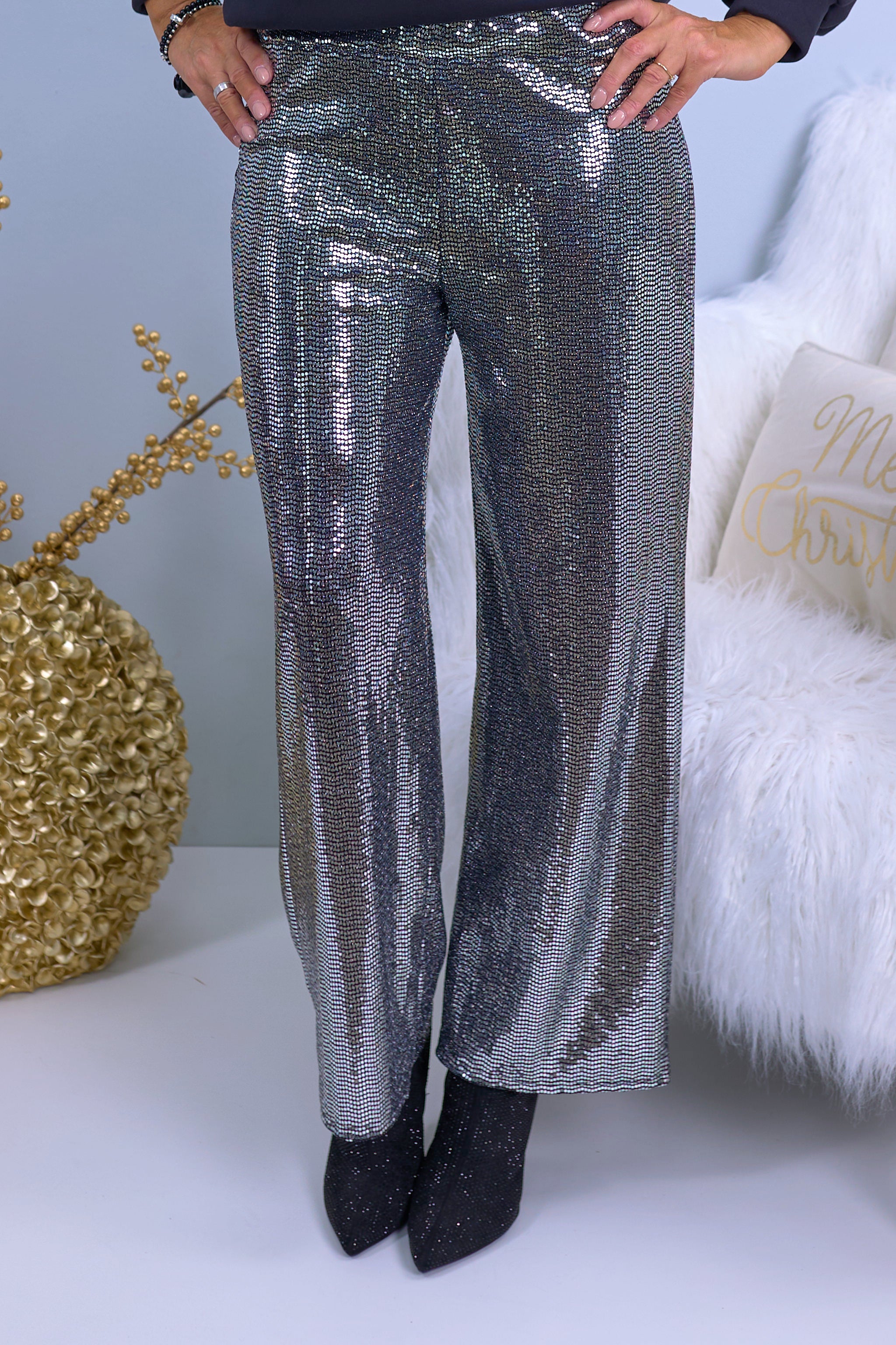 Sequin pants, silver-black