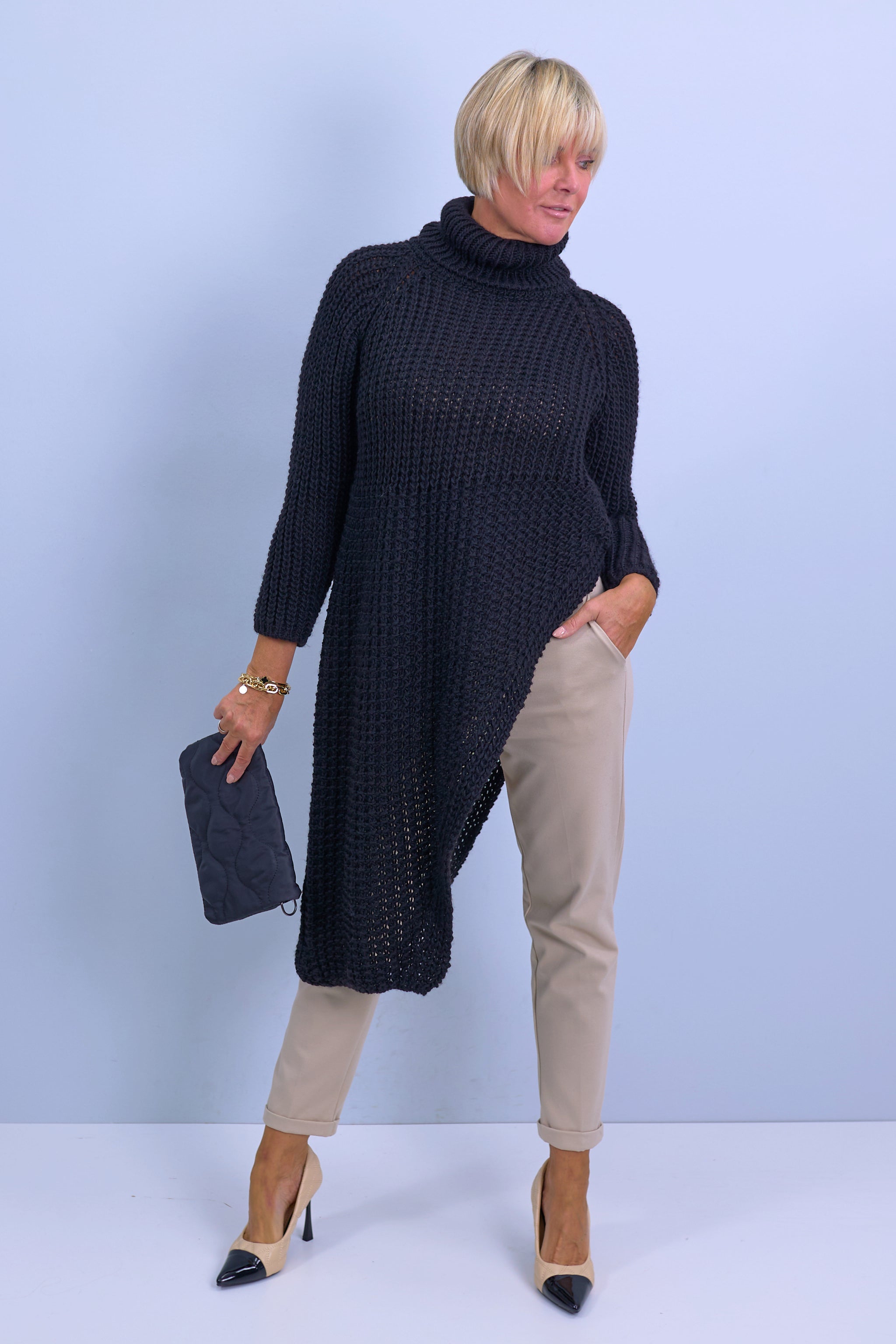 Long sweater, asymmetrical with raglan sleeves, black
