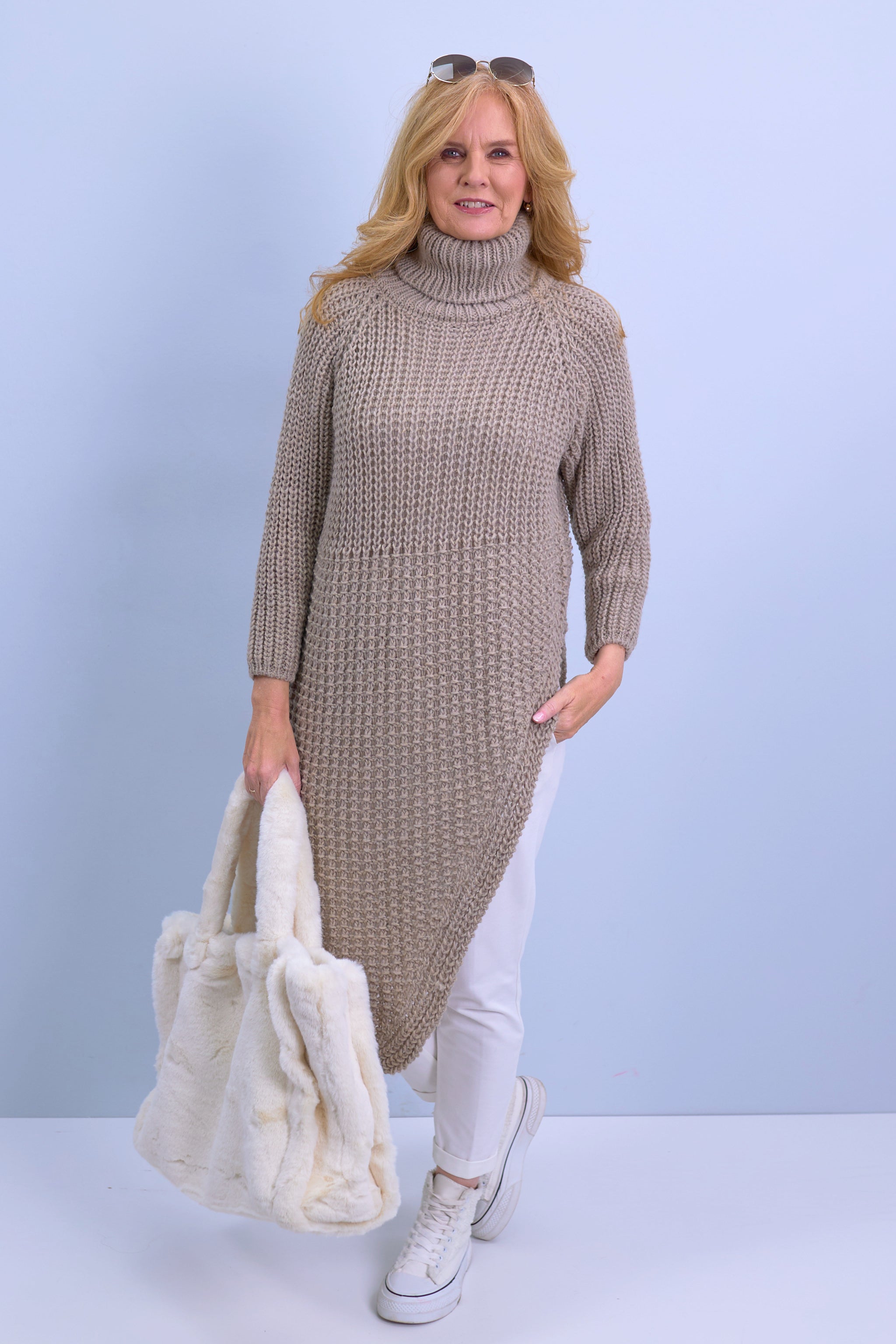 Long sweater, asymmetrical with raglan sleeves, taupe