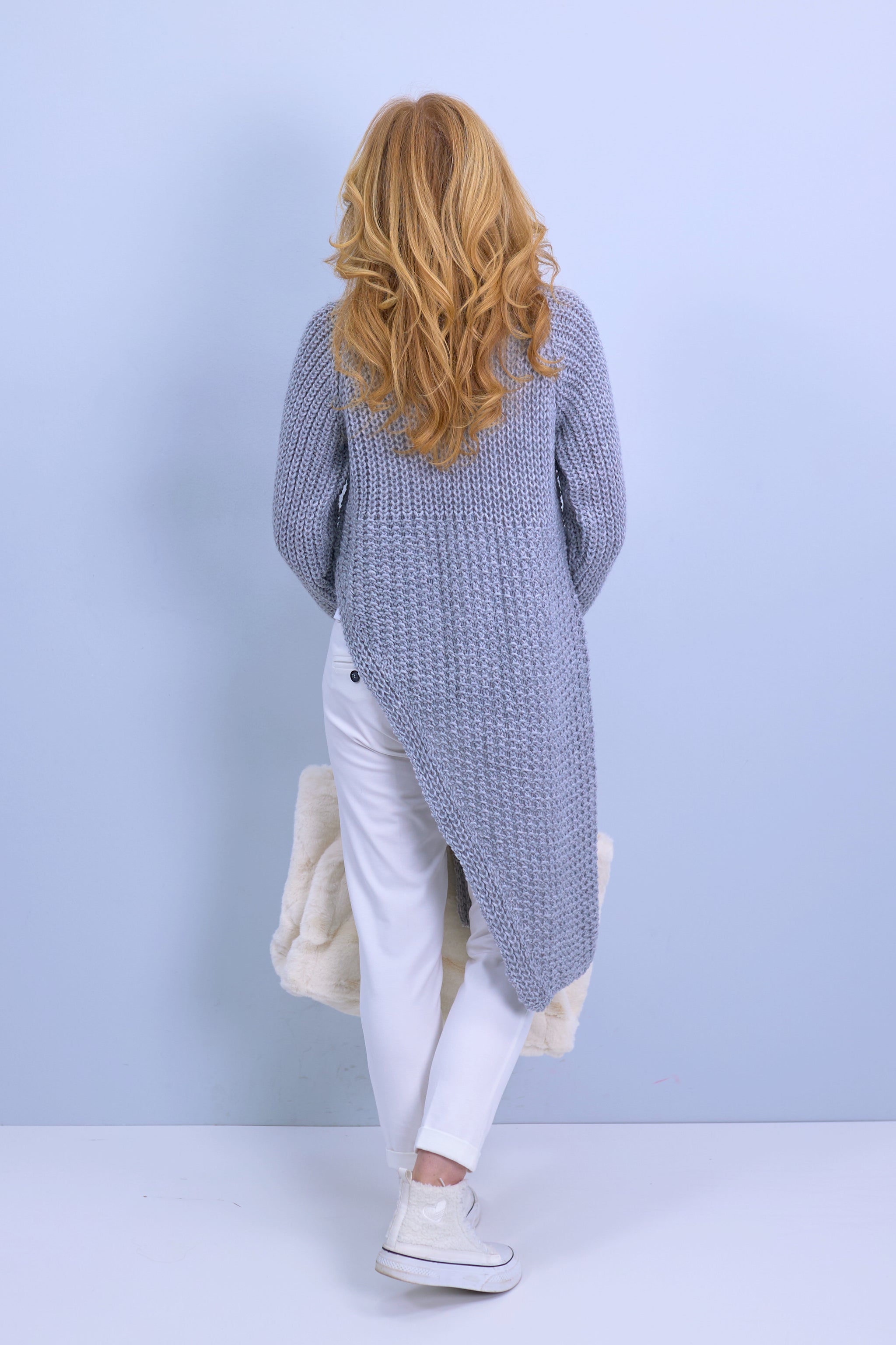 Long sweater, asymmetrical with raglan sleeves, grey