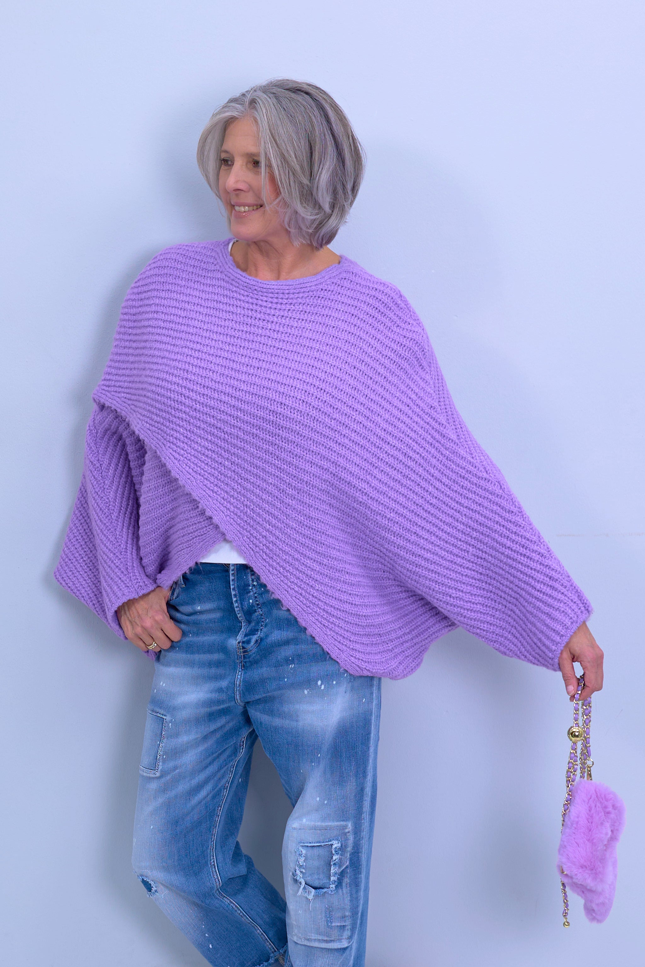 Chunky knitted sweater with flap, purple