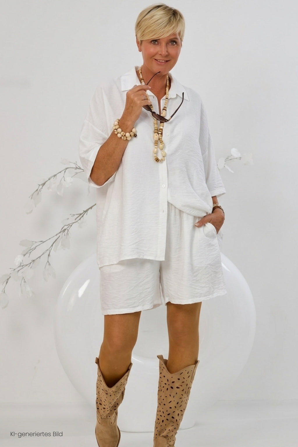 2-tlg. Set aus Bluse und Shorts, ecru