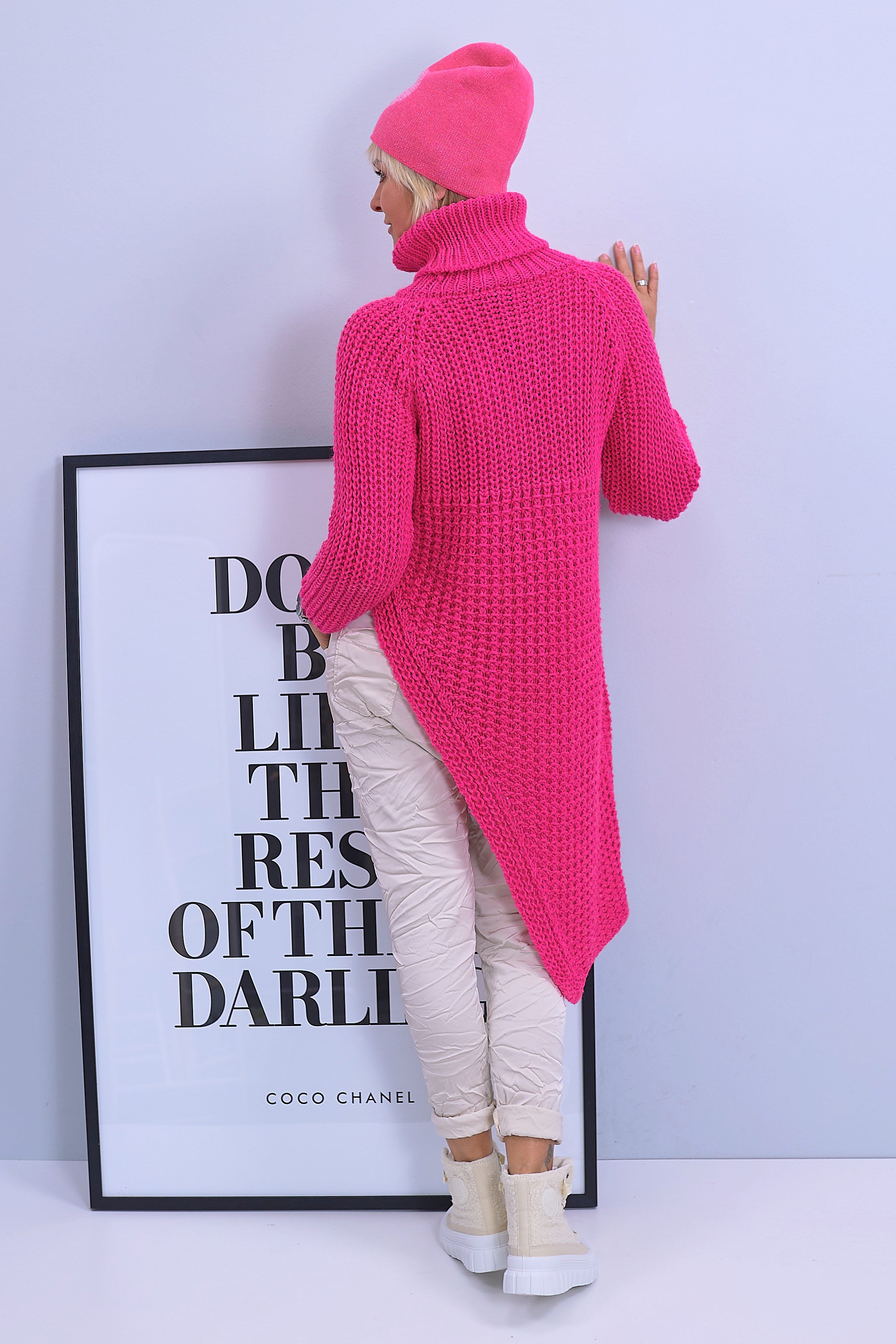 Long sweater, asymmetrical with raglan sleeves, pink