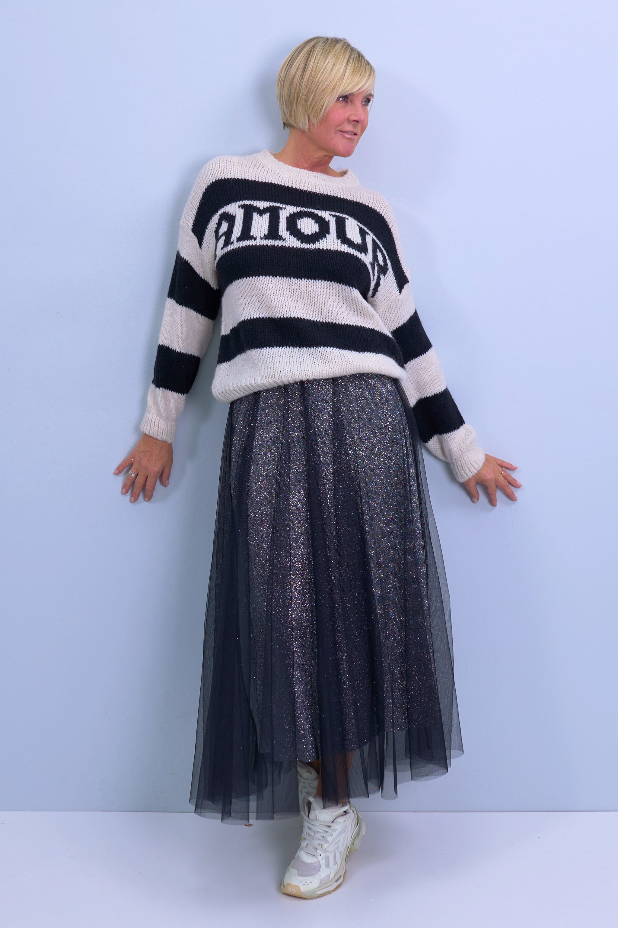 Knitted sweater with wide stripes, black-ecru