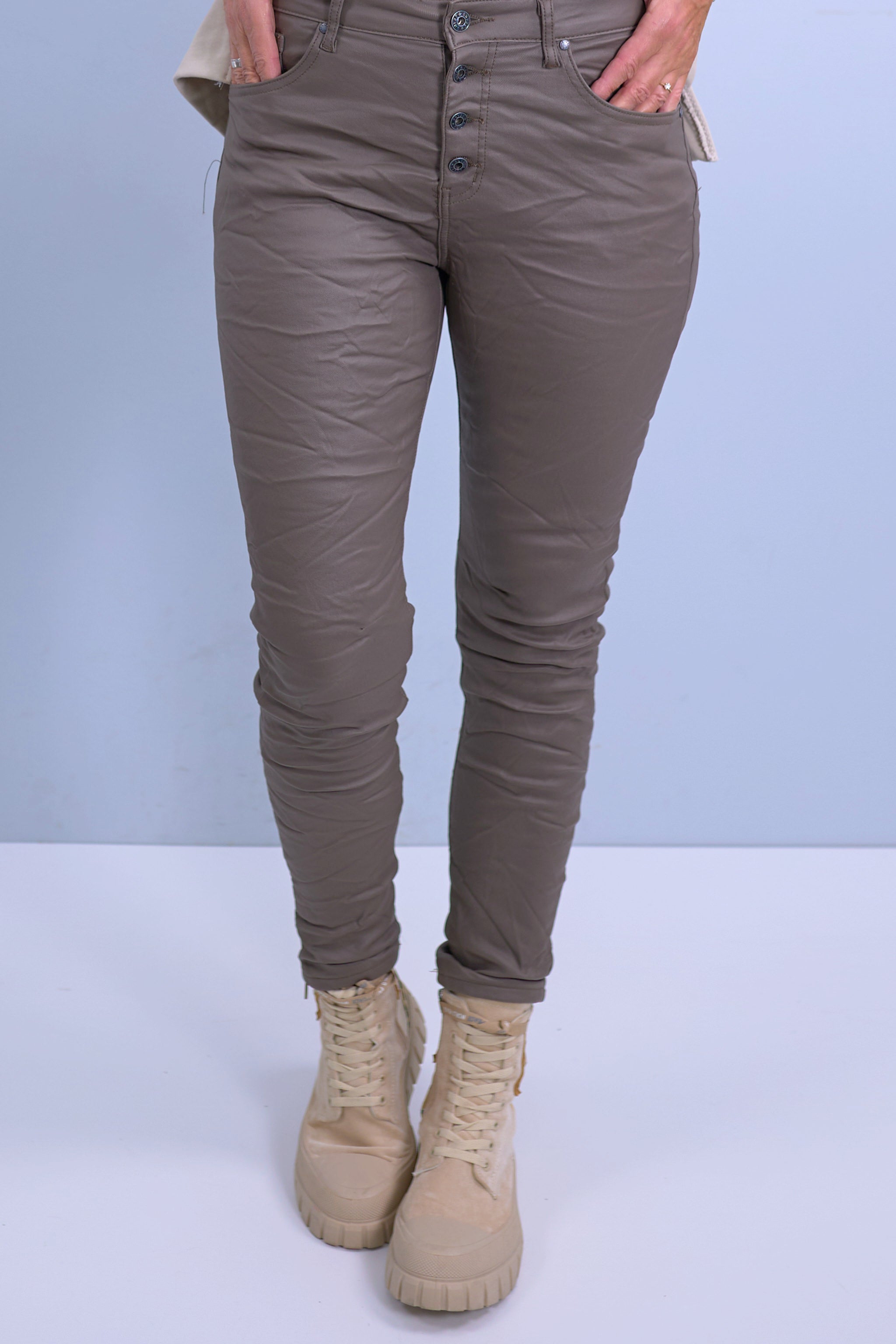 5-pocket style pants with coating, taupe