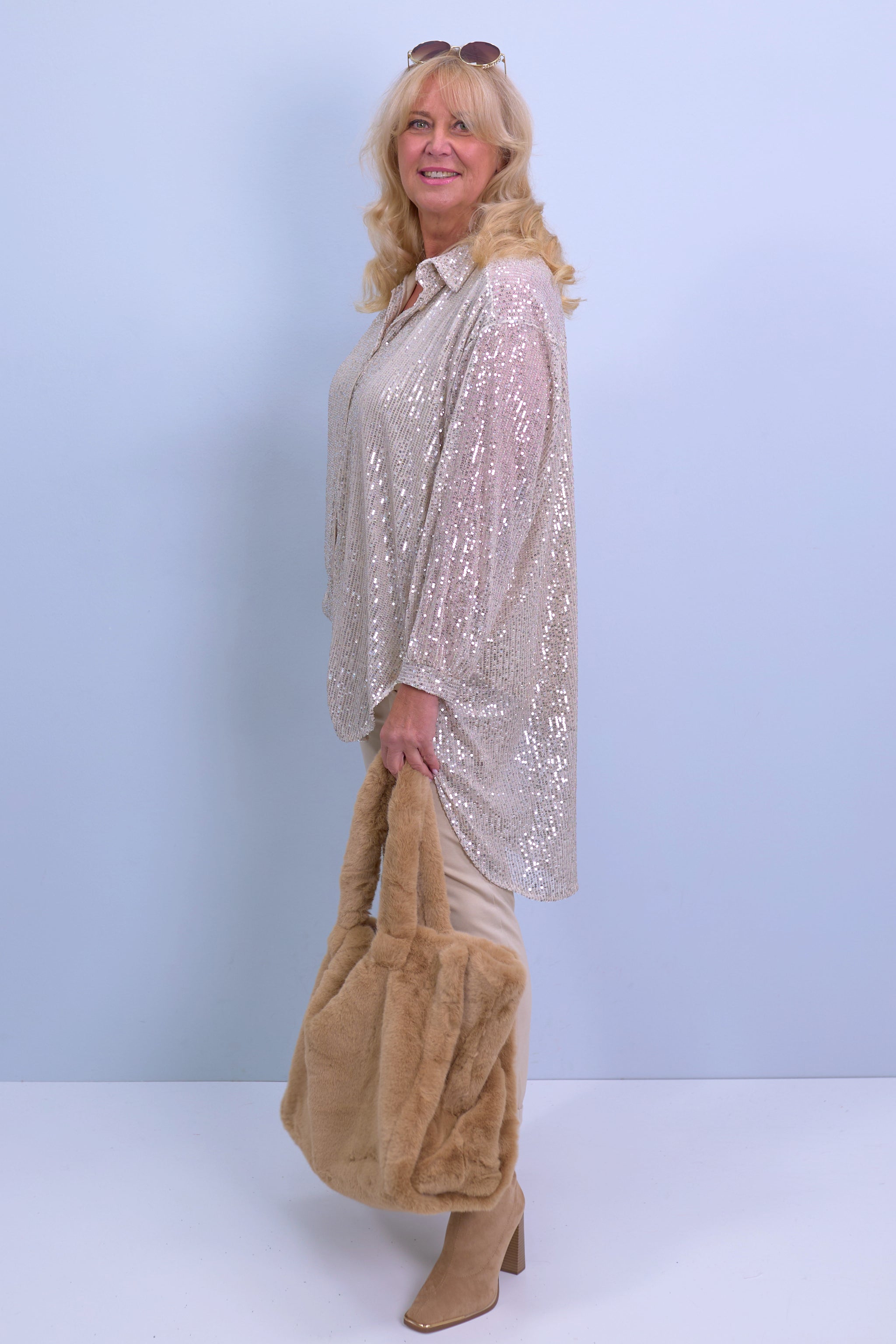 Long blouse with sequins, beige