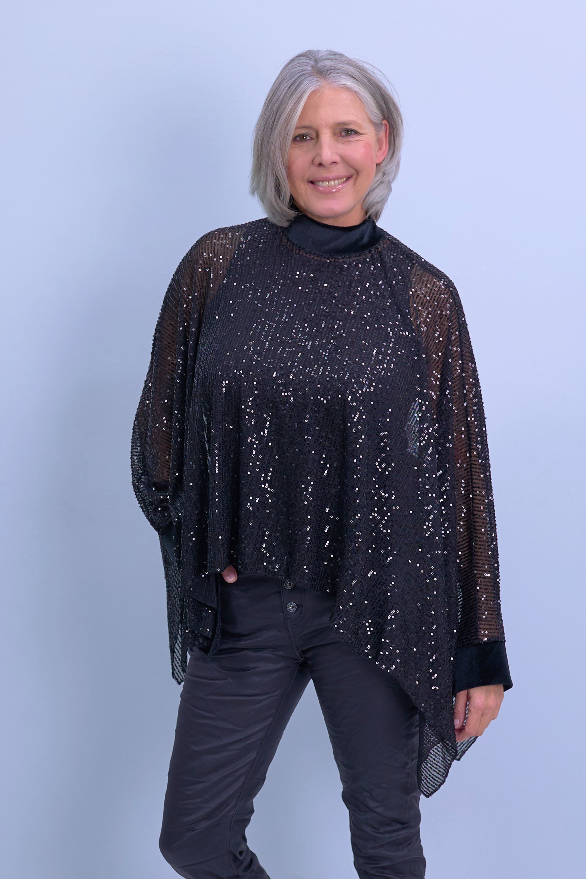 Sequin poncho with sleeves, black