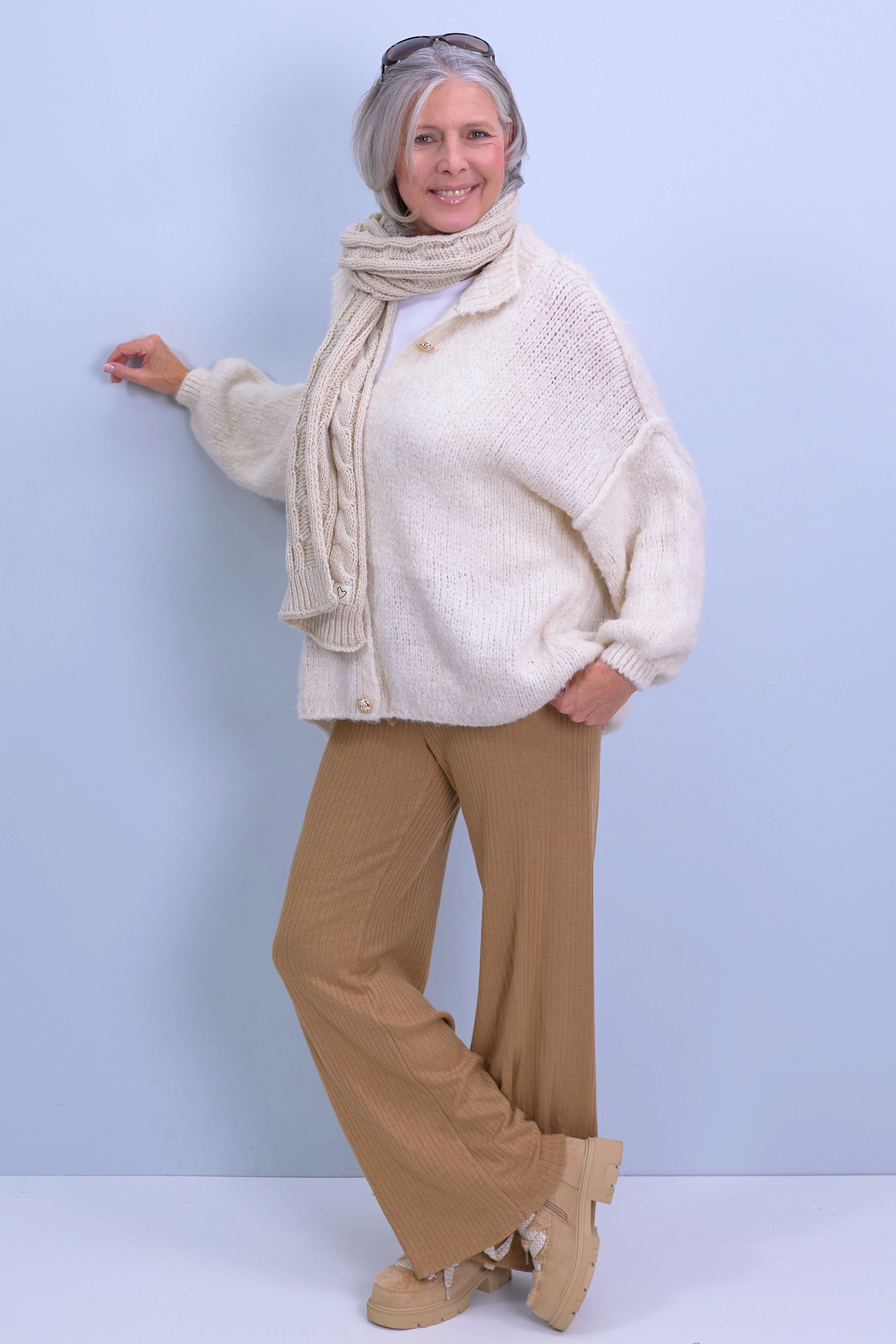 Ribbed fine-knit pants, camel