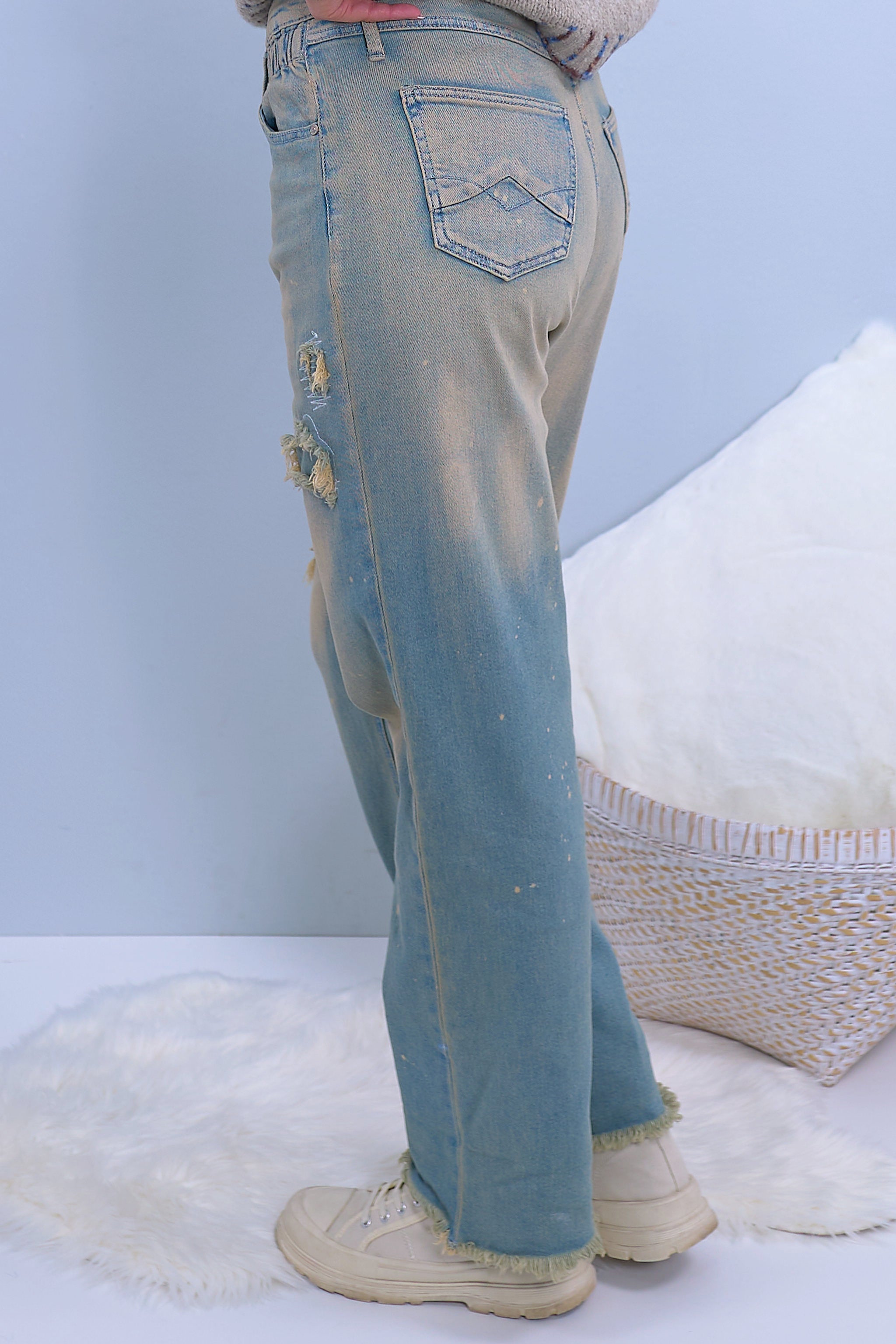 High Waist Jeans mit breitem Aufschlag, denim-sand