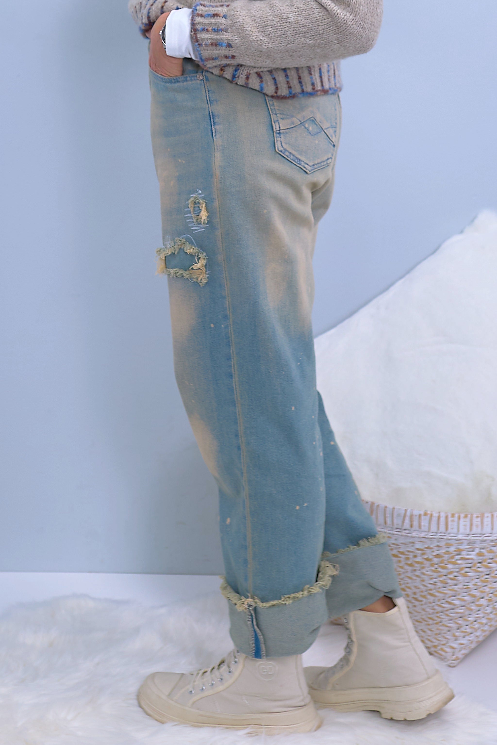 High Waist Jeans mit breitem Aufschlag, denim-sand