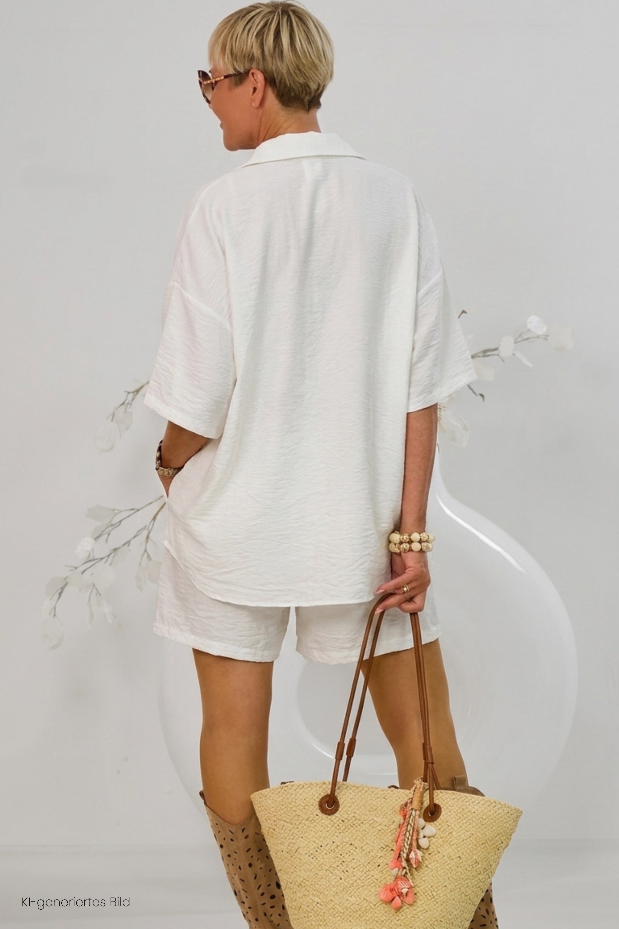 2-tlg. Set aus Bluse und Shorts, ecru
