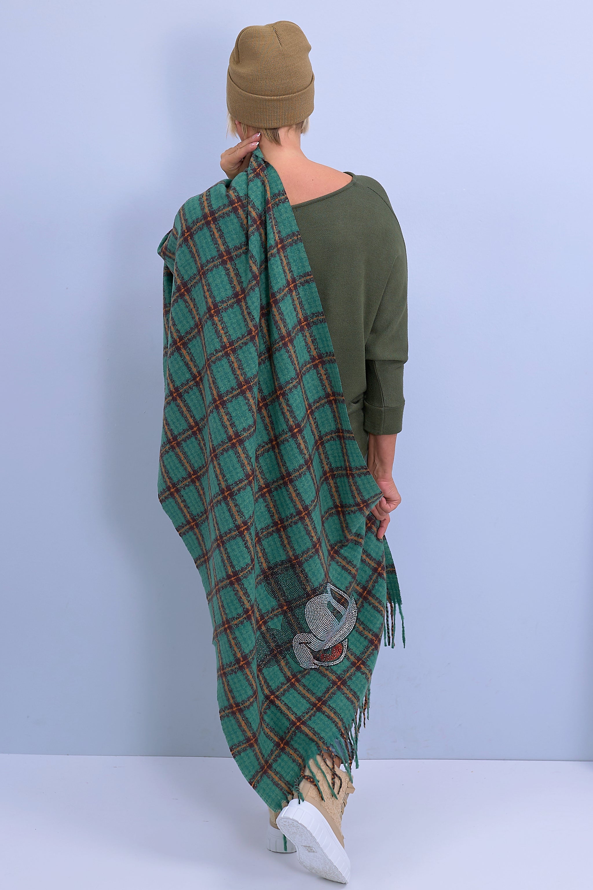 Soft scarf with rhinestone motif, green-checked