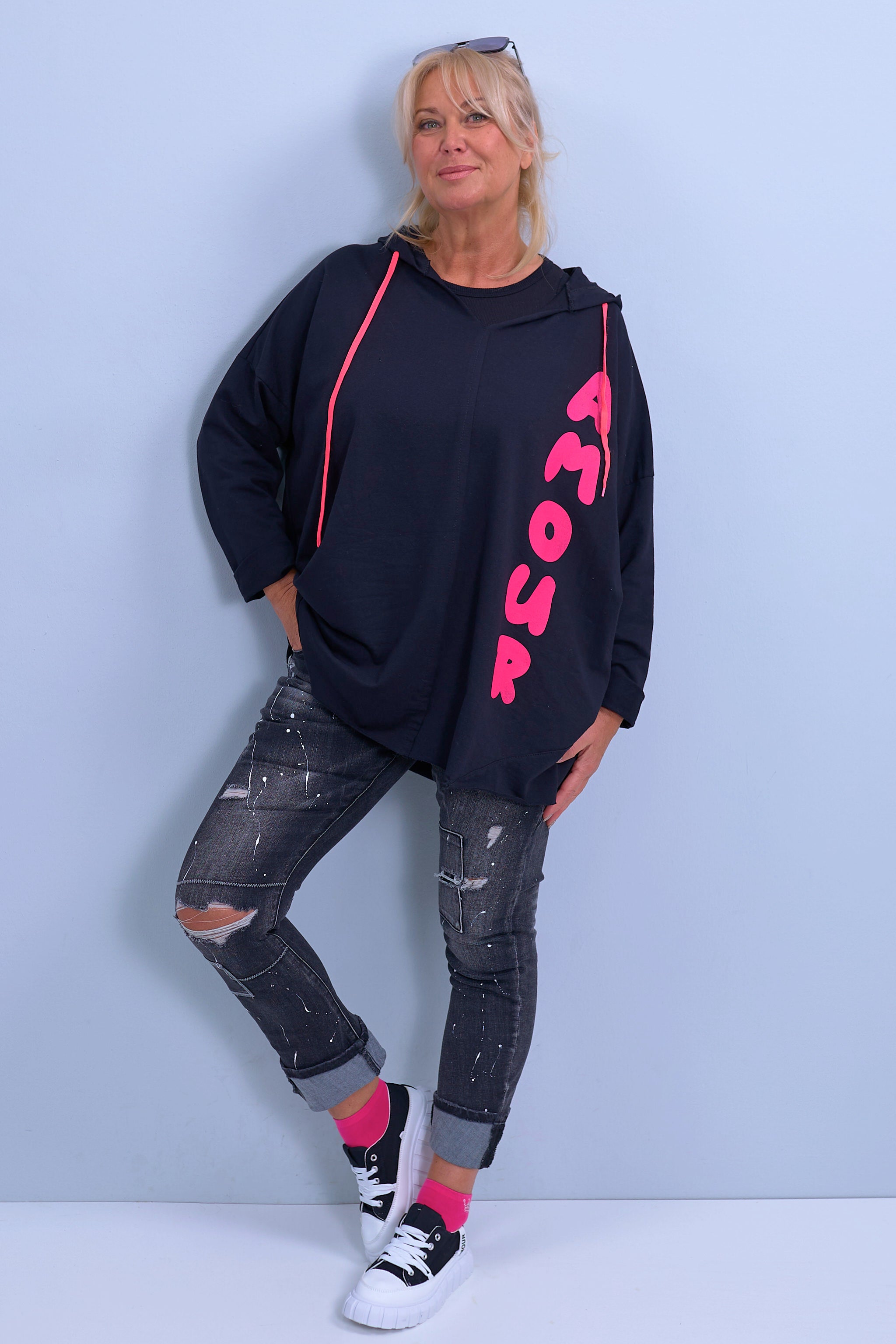 Oversized hoodie with Amour print, black