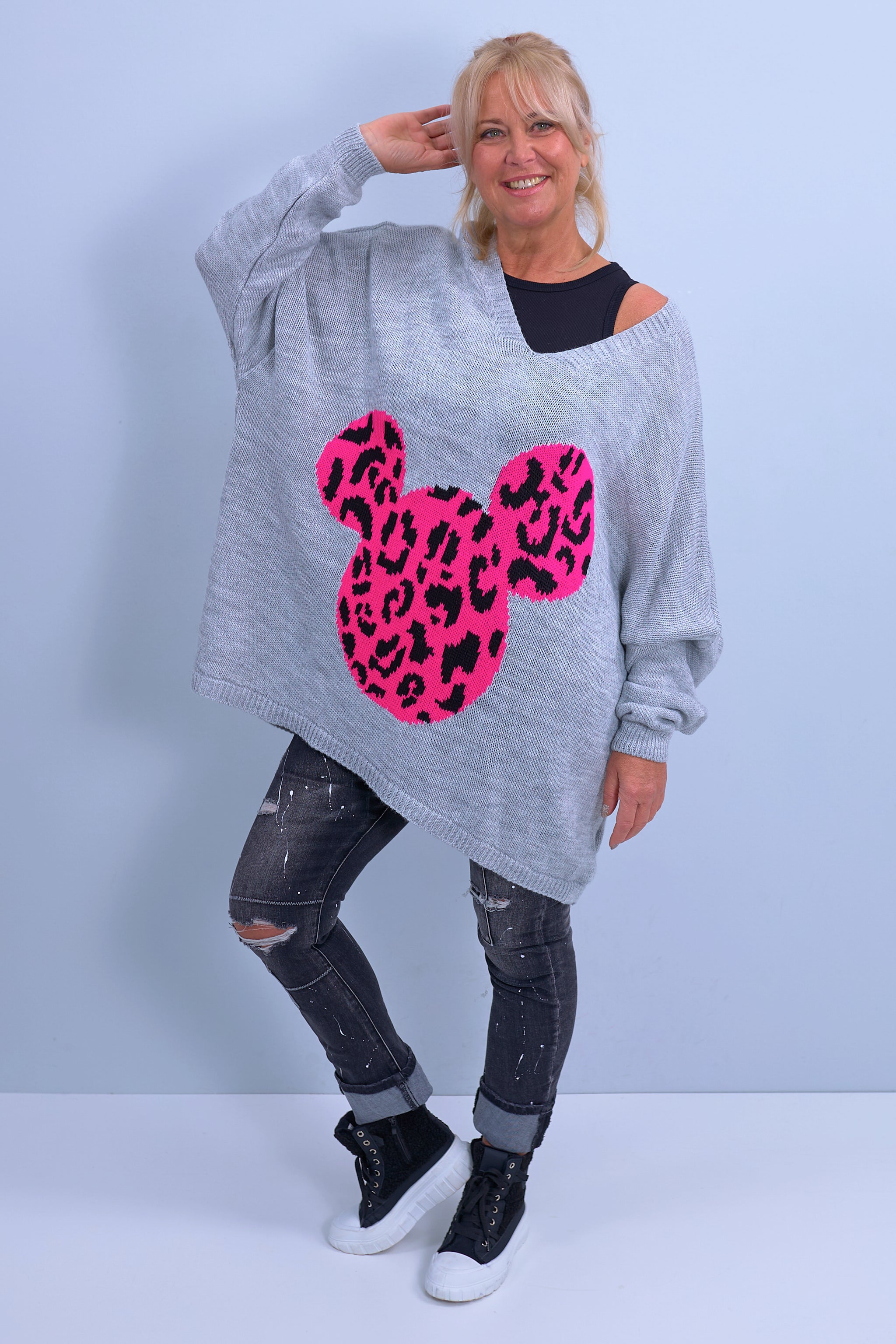 Oversized knitted sweater with motif, grey-pink