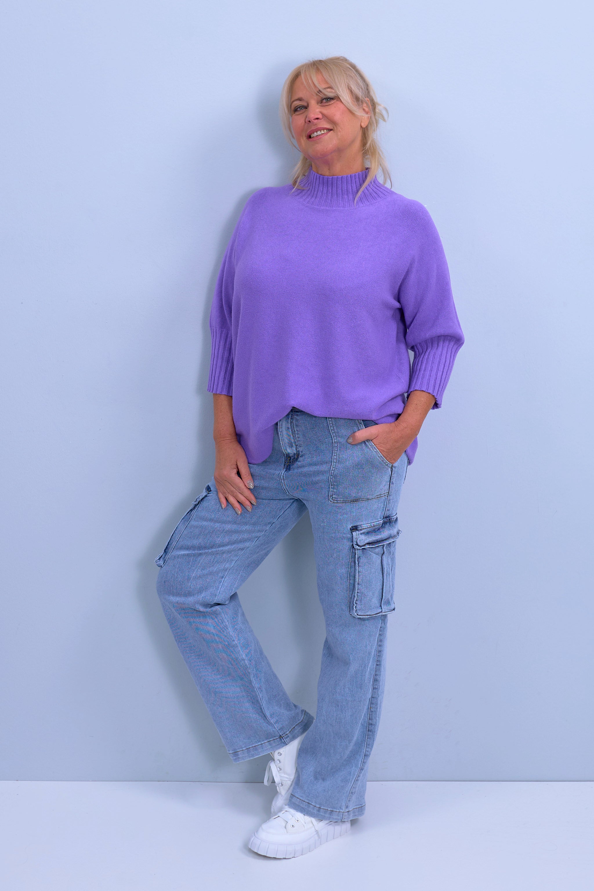 Knitted sweater with turtleneck, long, purple