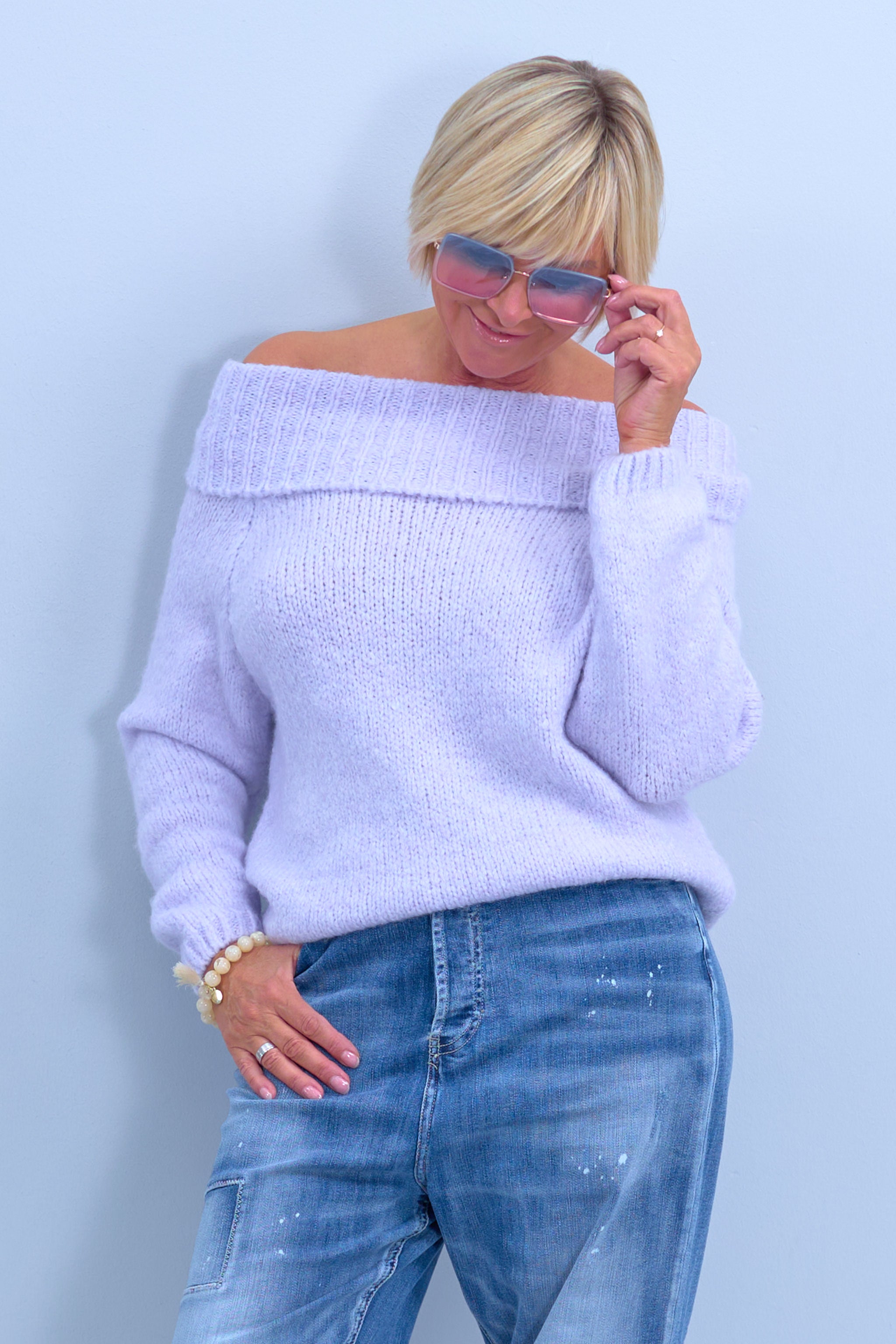 Knitted sweater with a wide turtleneck, lilac