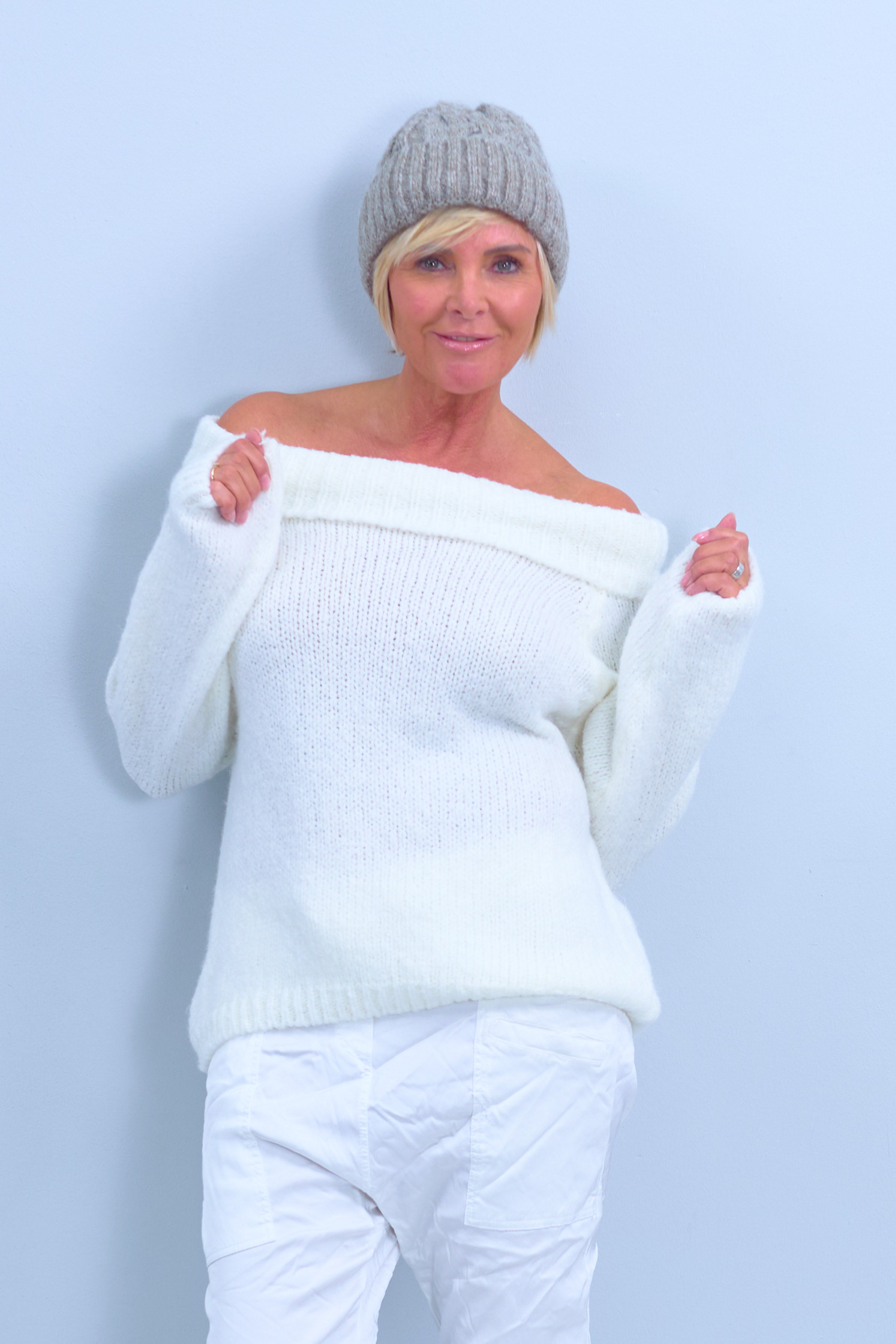 Knitted sweater with wide turtleneck, ecru