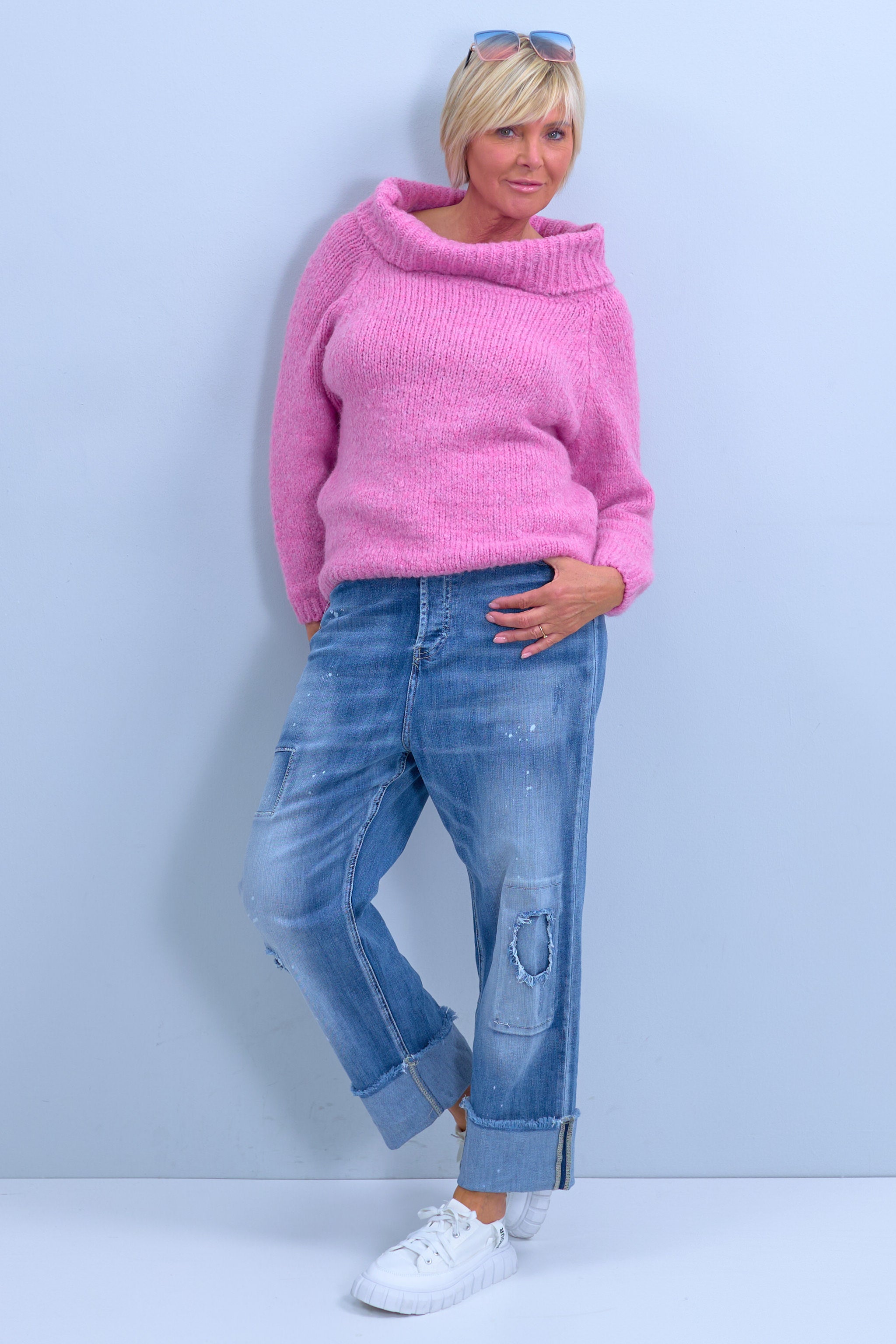 Knitted sweater with wide turtleneck, berry