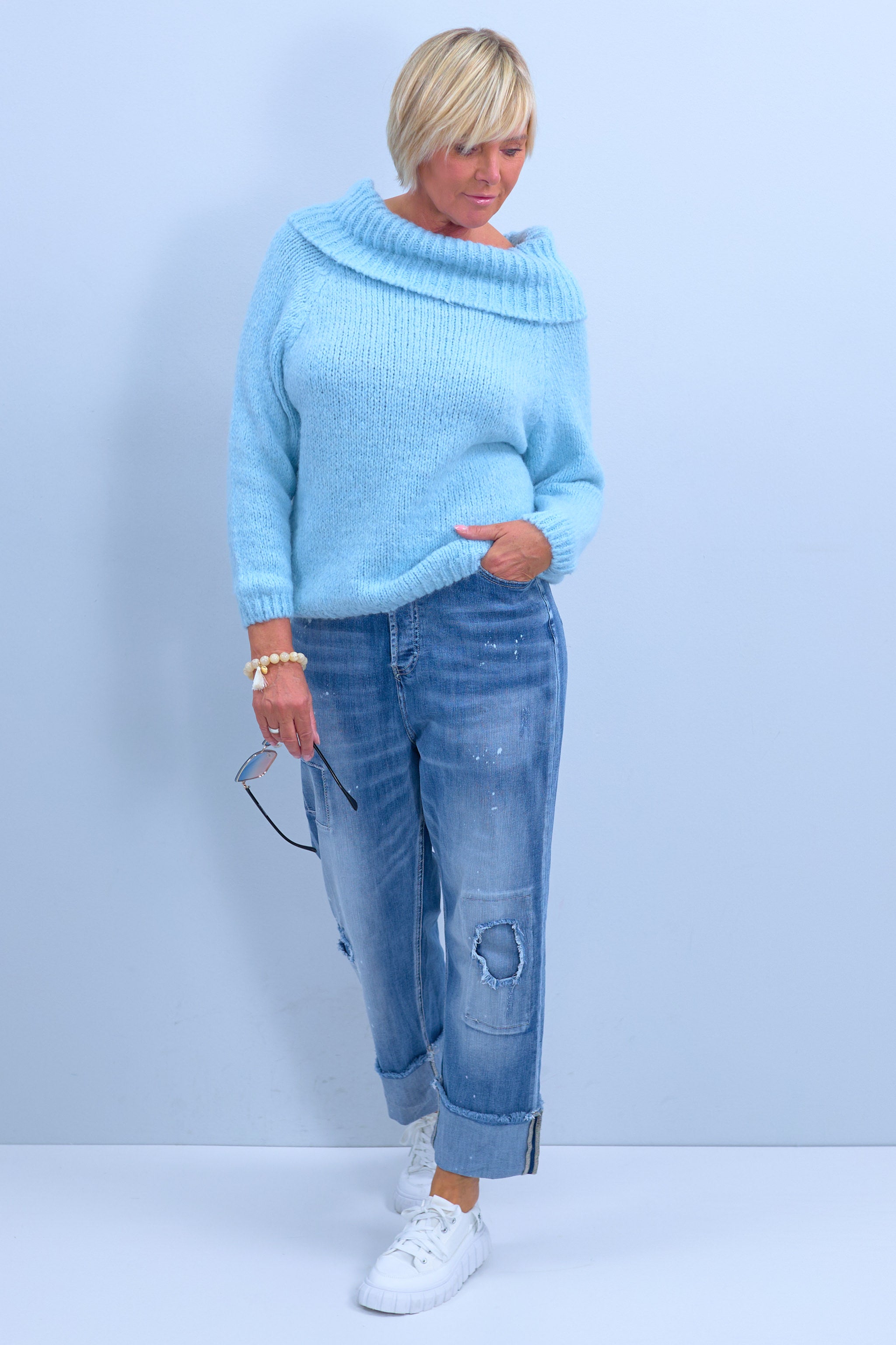 Knitted sweater with a wide turtleneck, light blue