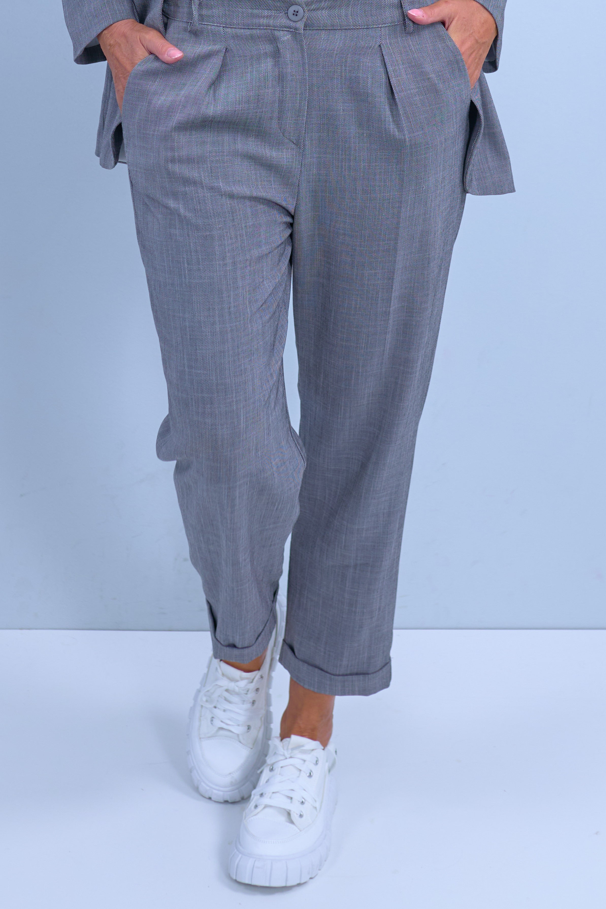 Anzughose mit Bundfalte und Aufschlag, grau